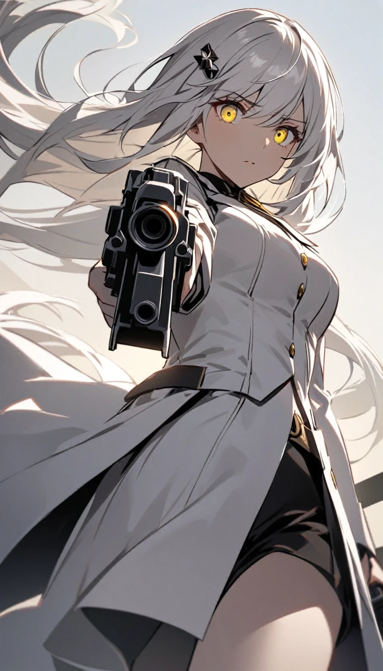 One woman, flowing white hair, melancholy eyes, yellow eyes, black diamond-shaped hairpin,cowboy, Colt Peacemaker, cowboy shot,Aiming at the enemy and holding a gun, low angle,My eyes are on the point of a gun, a girl on a white horse,