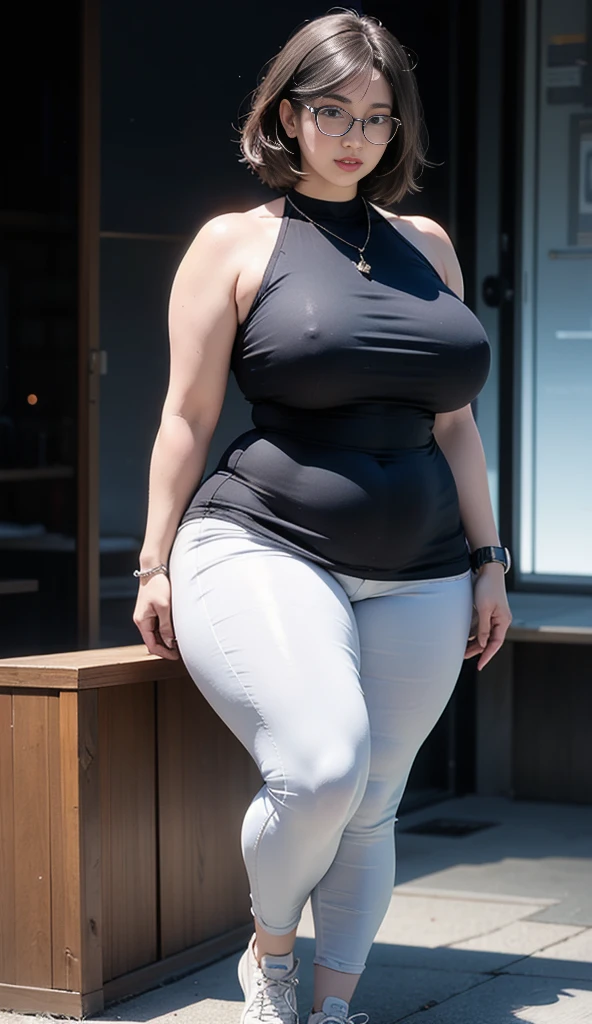 ((best quality)), ((masterpiece)), (detailed), perfect face, chubby woman, chubby face , chubby girl , widest hips , fat belly , thick neck ,, thicc , thick body , thick thighs , thick arm, small breasts but her body is a chubby, full body view, dark-black room, black bokeh background, thight dress, wearing sneakers, short hairstyle, diamond necklace, wearing a watch, tall woman, restore face, white skin , longest thight pants , glasses , cold vibes, , 4k resolution, japanese goddess