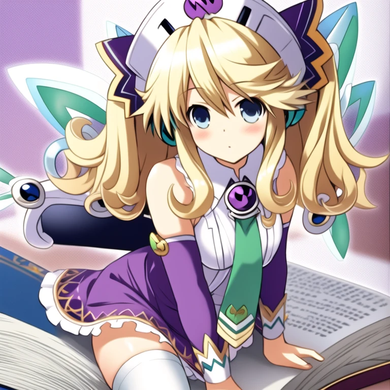 (extremely detailed:1.1),(highly detailed:1.1),(best quality:1.1),(masterpiece:1.1),  HistoireNeptunia, long hair, blue eyes, blonde hair, hair ornament, wings, fairy wings, bare shoulders, twintails,  book, white thighhighs, hat, necktie, tight purple dress, book, upskirt, white panties, upper thighs, poking nipples, large breasts, very tight clothing, tight on chest