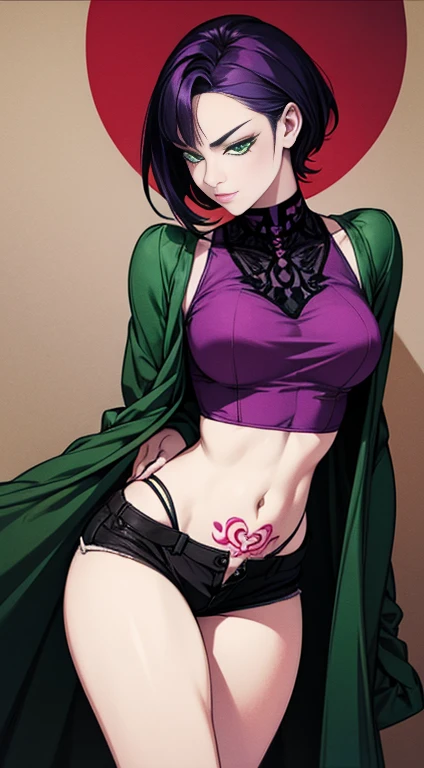 a beautiful black girl, with green eyes, purple hair, with several tattoos spread across her body, wearing short shorts, showing the definition of her thighs, and wearing a short blouse, showing her belly