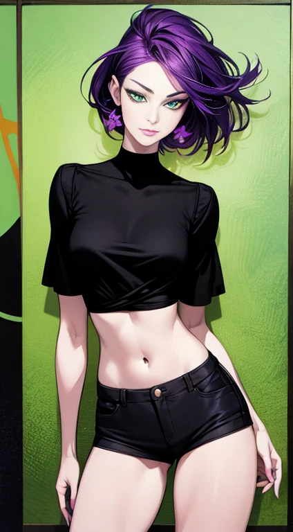 a beautiful black girl, with green eyes, purple hair, with several tattoos spread across her body, wearing short shorts, showing the definition of her thighs, and wearing a short blouse, showing her belly