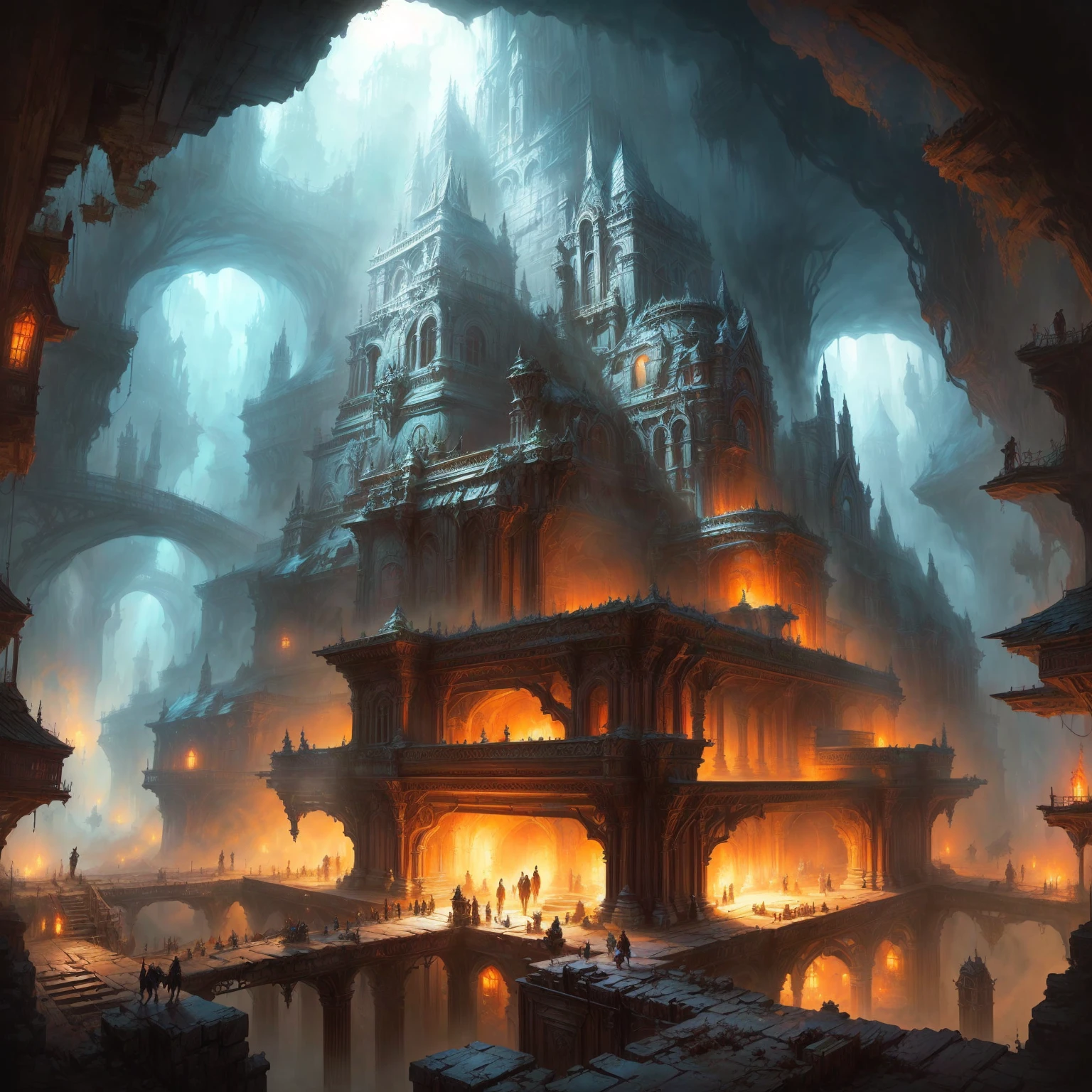 painting of a dwarven forge underground, Marc Simonetti. kompliziert, fantasie architektur, Symmetrische epische Fantasy-Kunst, inspiriert von Marc Simonetti, style of Marc Simonetti, art style of Marc Simonetti, Zwergenarchitektur, large and structured Walhalla city, Andreas Rocha Stil, 4K-Fantasy-Kunst