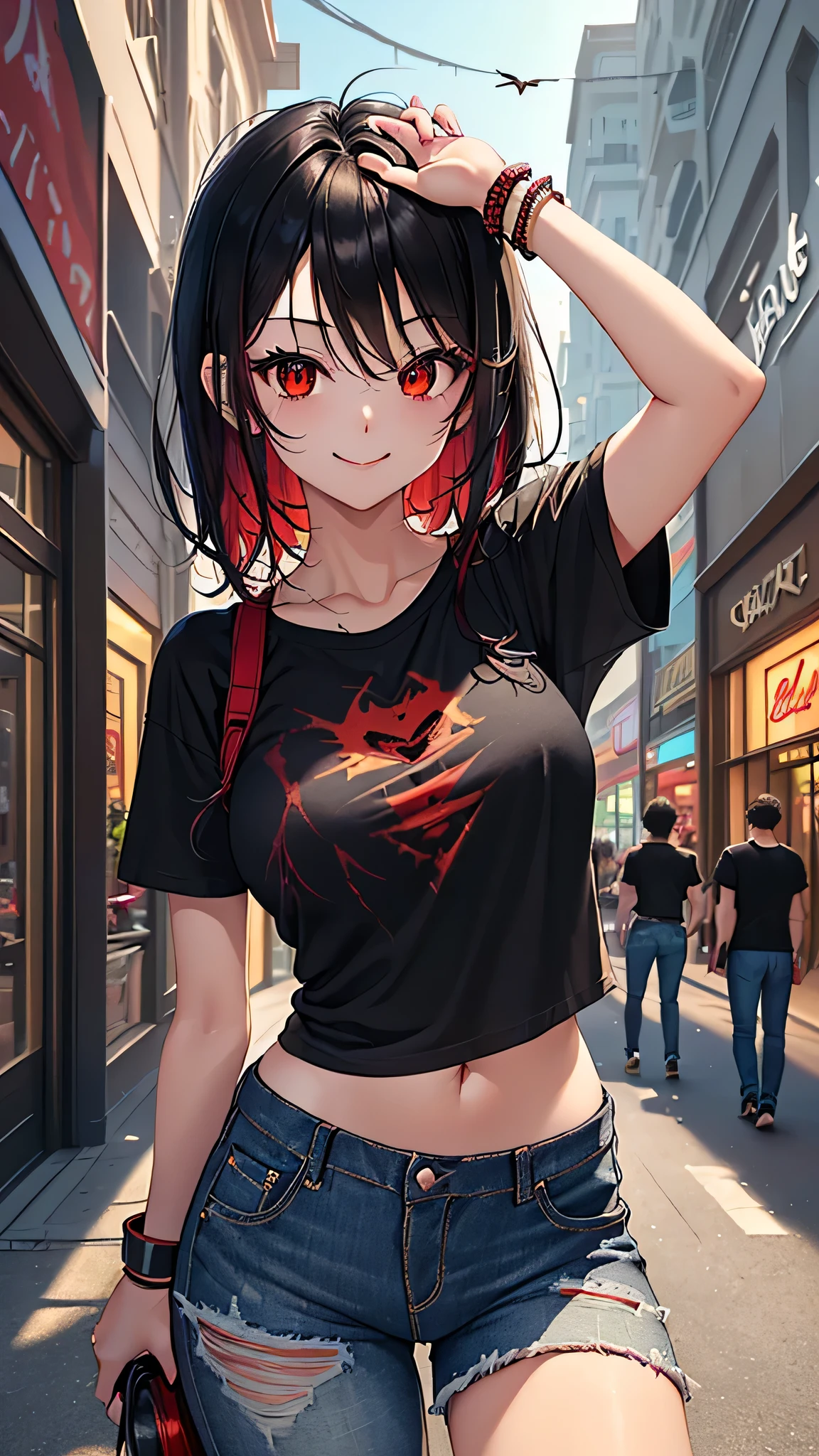 最high quality、Best image quality、masterpiece、girl((18-year-old、 By becoming、Best Bust、Medium Bust,Wide open breast tea、Red glowing eyes,Black Hair、Red Mesh、Disheveled Hair、Lointail、thin,The highest valley、Open chest、Luminous Wristbands、hair ornaments、Show the whole body,Black short sleeve T-shirt、Short denim trousers、Leaning forward、smile、Holding a guitar、Performance、sing)),high quality、Beautiful art、background((Large shopping malls,Street Museum))、Flight、Flying debris、Written boundary depth、movie、Visual Arts、Perfect art、8K,Genuine,