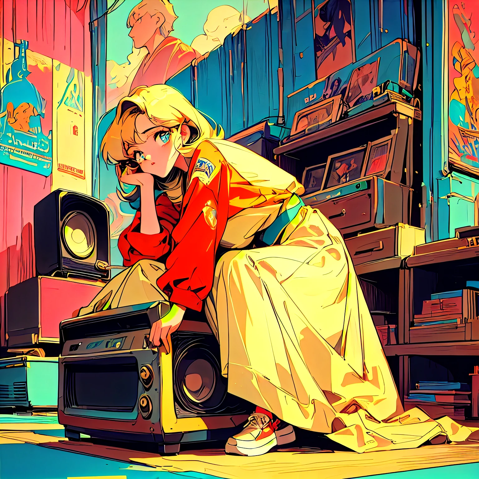 (((masterpiece))), (((best quality))), ((ultra-detailed)), (illustration), (detailed light), (beautiful detailed eyes), High resolution image, retro line, popart colors, nostalgic, cinematic, Retro Movie Night Art Style, Vintage Television Art Style, background with an old-fashioned television set, a film reel, an hourglass, and a retro radio, main character sitting with a nostalgic pose amidst a scene of retro entertainment and cinematic charm, wearing retro sneaker, vintage backdrop with classic movie posters, vinyl records, and retro decor, main character exuding a sense of nostalgia and cinematic charm, nostalgic expression reflecting the magic of retro entertainment, 80's, popart, anime, vintage red, and nostalgic gold, cinematic tones, retro character, attire inspired by retro entertainment and vintage charm, retro outfit or vintage attire with classic movie motifs, accessorized with retro accessories or vintage memorabilia, presence of classic movie posters and retro decor adding to the nostalgic atmosphere, nostalgic, cinematic curves, retro composition, pop style, male or female character with a nostalgic pose, surrounded by the magic of retro entertainment and cinematic charm, eyes reflecting the nostalgia of vintage memories., RETRO ART STYLE, NEON_POP ART STYLE, ART STYLE, POP ART, JAPANESE ANIME,