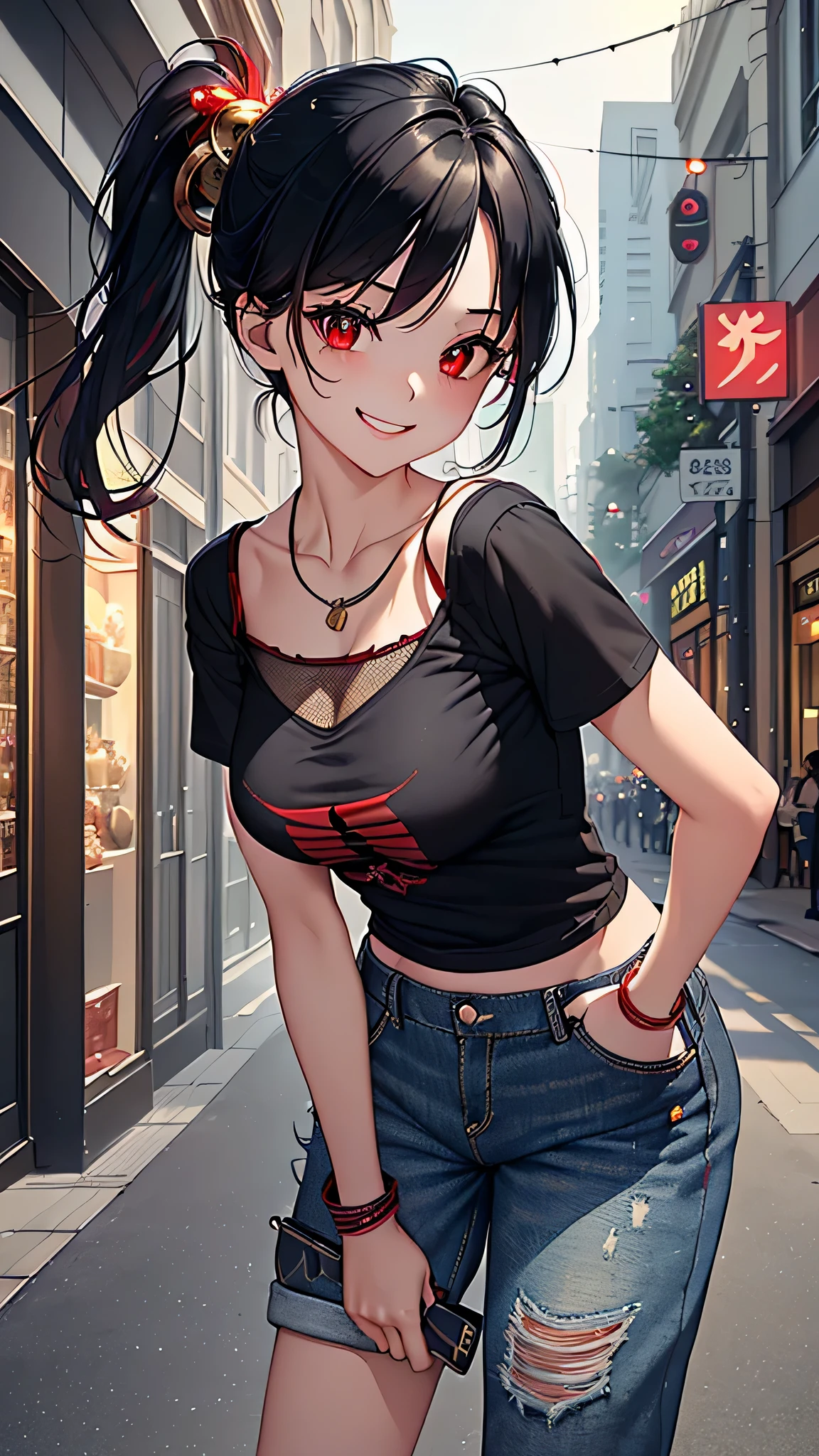 最high quality、Best image quality、masterpiece、girl((18-year-old、 By becoming、Best Bust、Medium Bust,Wide open breast tea、Red glowing eyes,Black Hair、Red Mesh、Disheveled Hair、Lointail、thin,The highest valley、Open chest、Luminous Wristbands、hair ornaments、Show the whole body,Black short sleeve T-shirt、Short denim trousers、Leaning forward、smile、Holding a guitar、Performance、sing)),high quality、Beautiful art、background((Large shopping malls,Street Museum))、Flight、Flying debris、Written boundary depth、movie、Visual Arts、Perfect art、8K,Genuine,