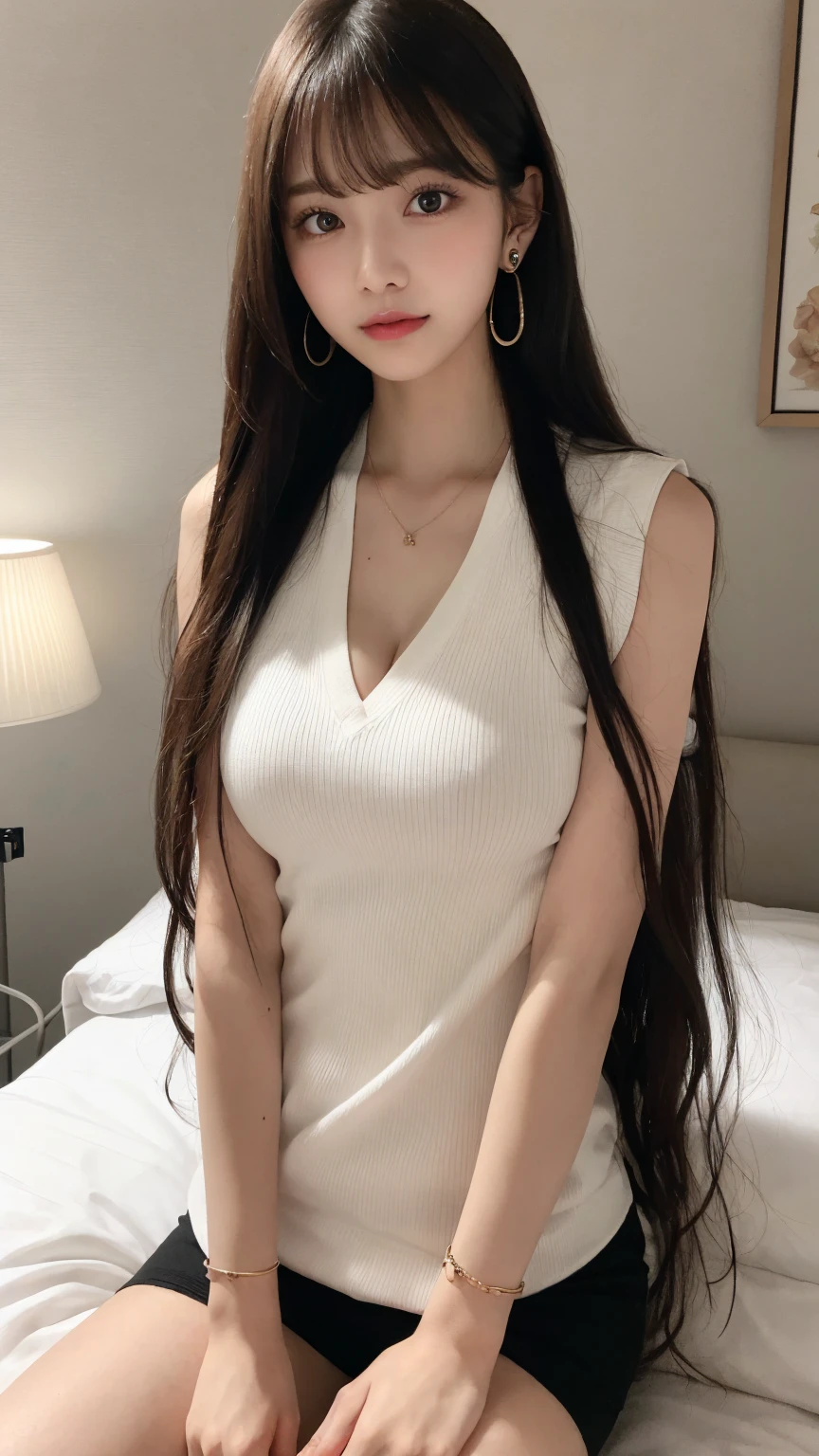 masutepiece, Best Quality, Illustration, Ultra-detailed, finely detail, hight resolution, 8K Wallpaper, Perfect dynamic composition, Beautiful detailed eyes, good hands, cleavage, full body, black hair, straight hair, Blunt Bangs, (Absurdly Long Hair:1.8), (Beautiful Voluminous breasts:1.6), real looking skin, Natural Color Lip, The best smile, 17 year old, Beautiful girl with voluptuous body, (sleeveless shirt:1.5), (bedroom background:1.2), earrings, pendant, bracelet