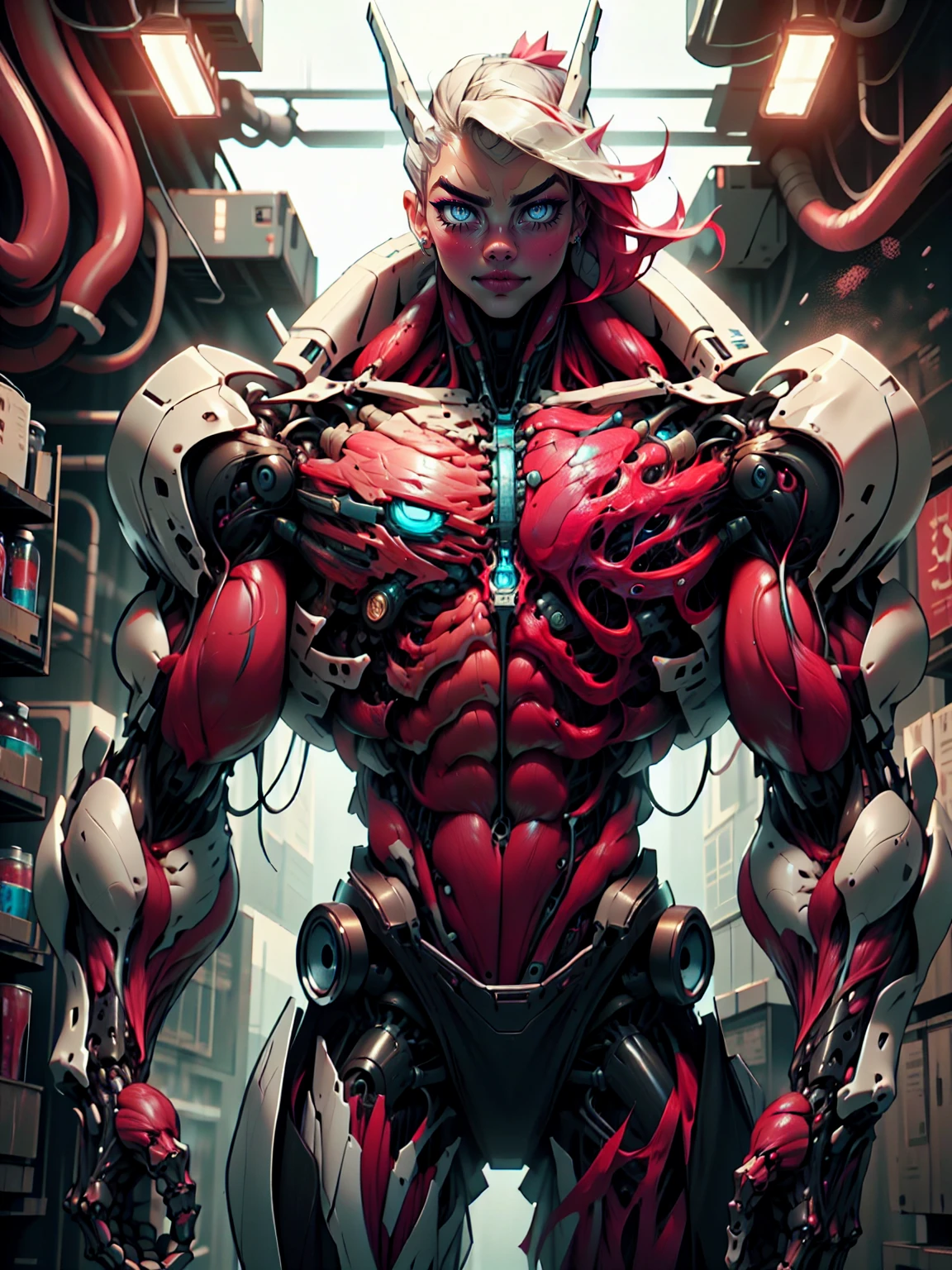 (1 girl), (cara delevingne), (muscular android girl wearing a black anatomic cybernetic muscle suit:1.25), (wide shoulders:1.25), (muscular defined physique:1.25), perfect hands, long hair, large breasts, high resolution image, extreme detail, blank background