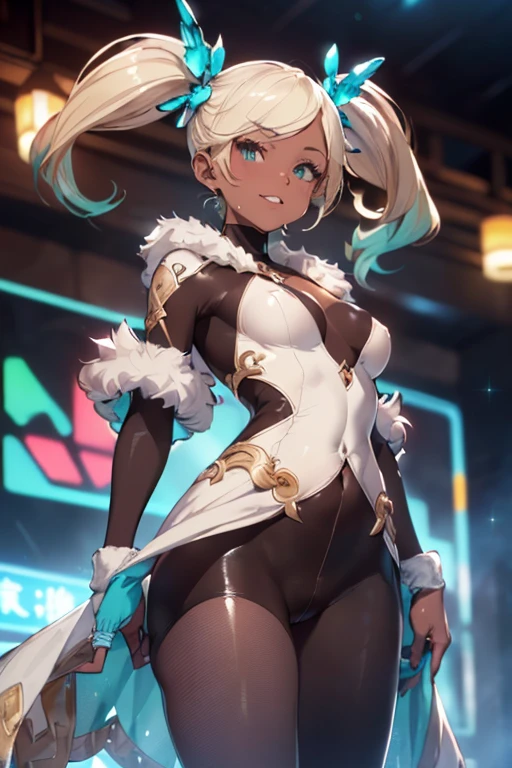 Iooiklas,Platinum Blonde Hair,Twin tails, hair ornaments, White Dress, Black knee socks, 
Removable sleeves,Complex eyes,Beautiful fine details,Symmetrical eyes,Big eyes:1.5,
(((dark skin,dark_skin,lustrous skin:1.5,bright skin: 1.5,
skin tanned,shiny skin,very shiny skin,Shiny body,plastic glitter 
skin,exaggerated shiny skin,illuminated skin))),
(,Detailed body,(Detailed face)), cute,Lewd,erotic,Bold,Camel toe revealing outfit,show skin,(((Sexy aqua fur coat, Aqua fur coat outfit,
 wearing a Ice Dress:1.3,aqua 冬 coat))), ((Ice Dress,elegant Ice Dress)),
(White gloves,White clothes,(((Complex outfit,Complicated clothes,Embroidered costume,Glamorous costumes,Embroidered clothes,
Glamorous clothing))),skinsuit, Bodysuits, pantyhose,Seductive eyes,embarrassed grin,
High resolution,Sharp focus,(Super detailed,Very detailed),(Very detailed CG unity 8k wallpaper),
(((Vibrant colors))),View from below,Dancing happily,crowd,blurry background,medieval tavern,