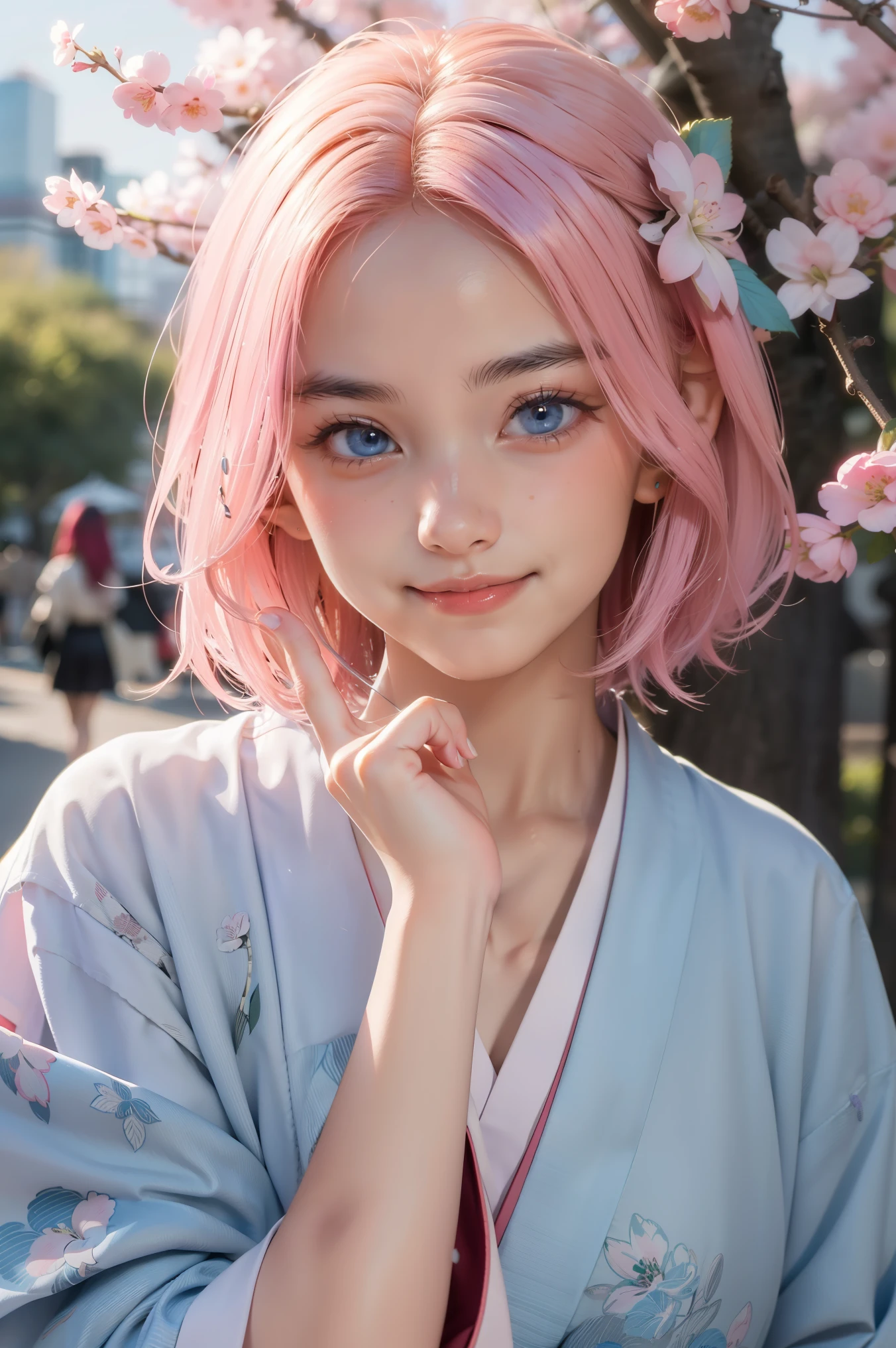 (masterpiece, best quality:1.2), pov, solo focus, upper body, 1girl, hand on another's cheek, smile, pink hair, blue eyes, japanese clothes, kimono, cherry blossom trees