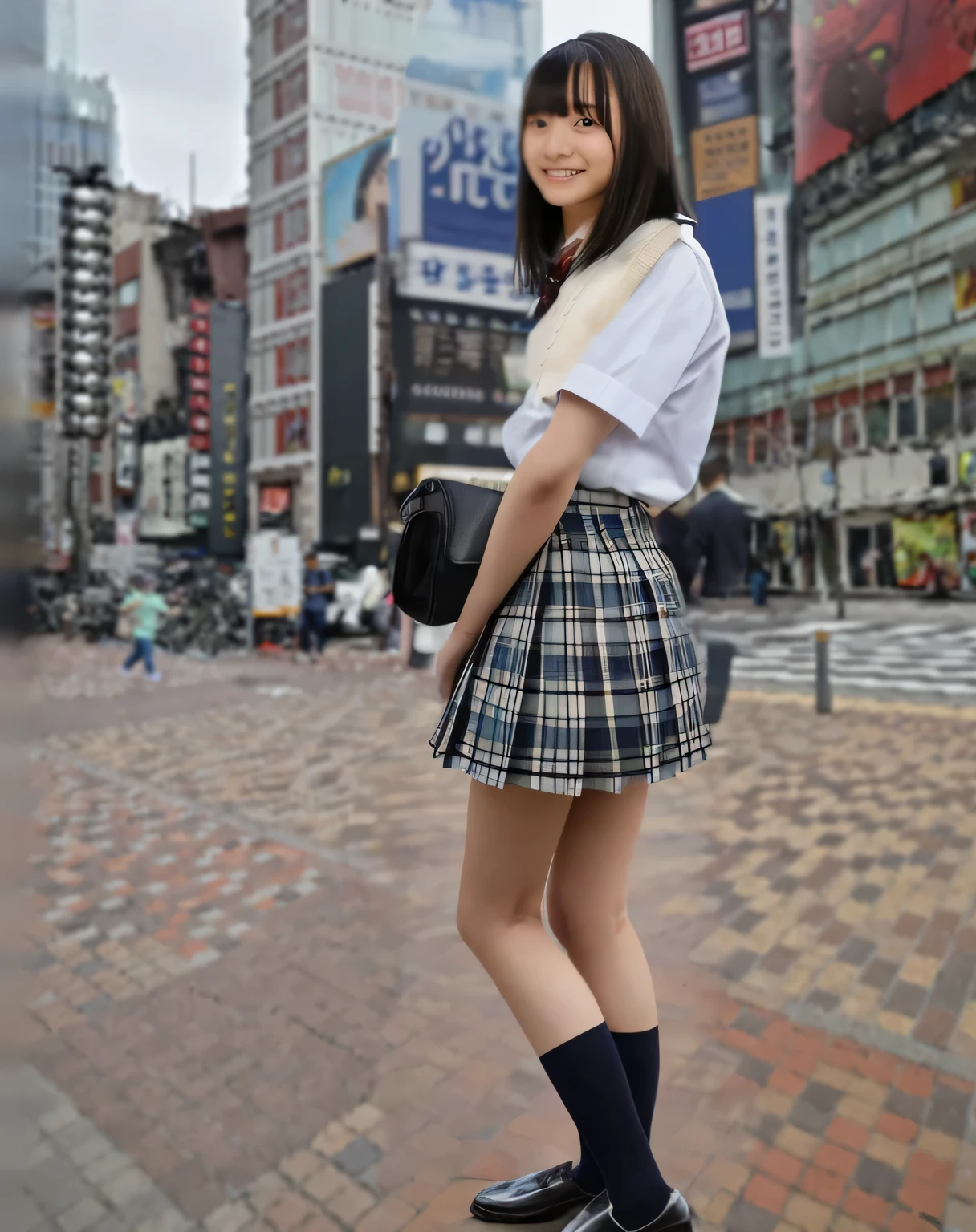 highest quality,Super detailed,woman1people,18-year-old,A high school girl standing in front of Shinjuku Station1people,Standing sideways,Wearing a school blouse,She is wearing a checkered pleated mini skirt,wearing black loafer shoes,Posing for a photo