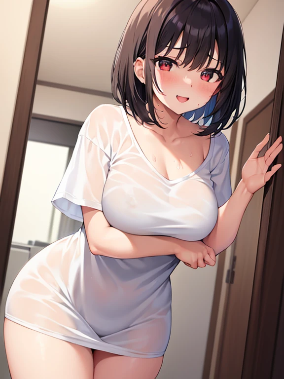 masterpiece、Highest quality、Ultra-high resolution、Medium breasted girl、Thick thighs、red and large eyes,、Black short hair、The hair inside is colored、Excited face、Please open your mouth a little、Sensual Gravure Idol、Seductive pose、Sex-inviting pose、（Clothes：oversized white t-shirt）、Sweat all over