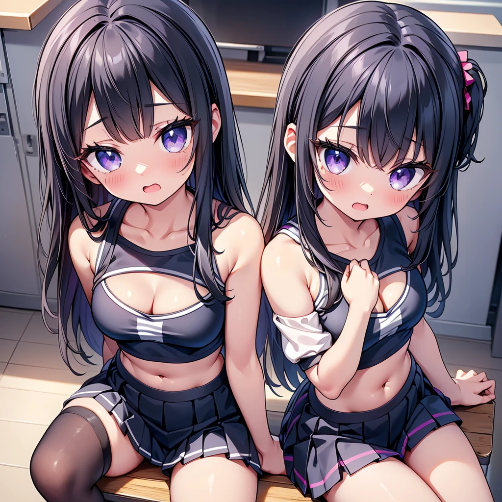 (cute eyes:1.2), (sparkling eyes:1.2), (8K、Best image quality、highest quality、masterpiece)、Detailed face、(2 girls)、Improve、(Black Hair, Purple Eyes, long hair)、(open mouth), (embarrassed), (skinny body:1.2),(small breasts), (off shoulder gym uniform:1.2), (cleavage), (crop top navel), Sit on a chair, Classroom Background, (black stockings:1.1), (Thighs:1.1), (Waistline:1.1),(close-up shot of bust), (from above:1.2)