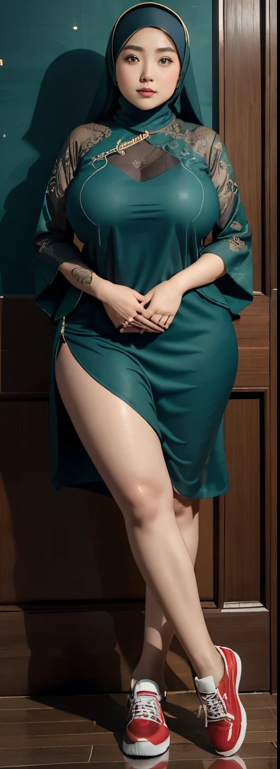 chinese-Indonesian girl, modern plain long hijab, shy, medium portrait, watery eyes, wearing blue dark green kebaya, ((big breasts)), black bokeh background, well-proportioned body,, chubby massive thighs, full body pose, Hena art on the body, hena art on arms, full body view , wearing red sneakers , fat thigh