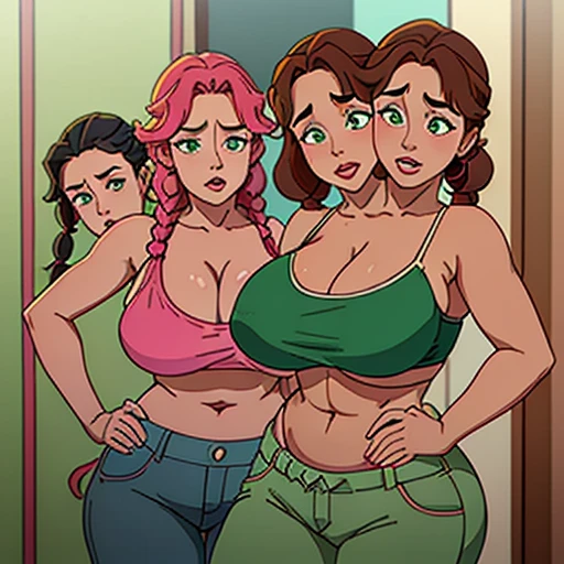 Two headed woman, two heads on one body, obese (large round breasts filling their bikini top to bursting, curly brown hair, (one head floor length pigtails), (other head pink and green dyed braid), age difference, (one head teenager), (other head middle aged), uncomfortable as the middle aged head has her hand down her pants