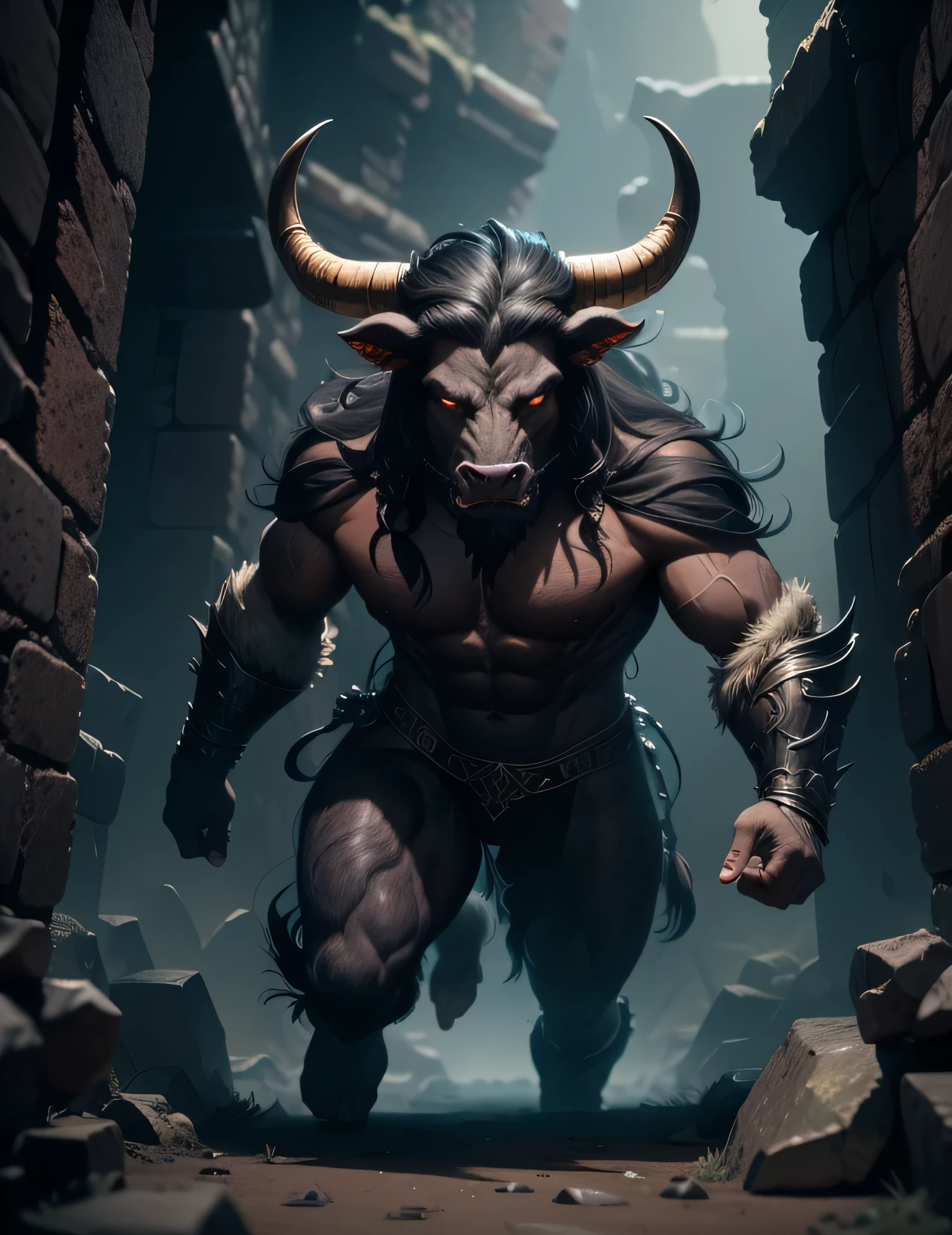 A minotaur in a dark labyrinth, long horns, long hair, hoofs, bull face, long tail, massive muscular body, ferocious expression, covered in fur, wearing rock armor, sharp teeth, realistic 3D rendering, intense textures, high resolution, mythical creature, mythical beast, ancient Greek mythology, mythical monster, monstrous figure, creature of half-human half-bull, intense contrast, gothic vibes, dark fantasy, mythical underworld, monstrous strength, towering presence, haunting presence, epic fantasy, horror, ominous mood, ancient ruins, mysterious maze, ancient legends, monstrous roar, mythical power, mystical aura, dangerous challenge, fullbody.