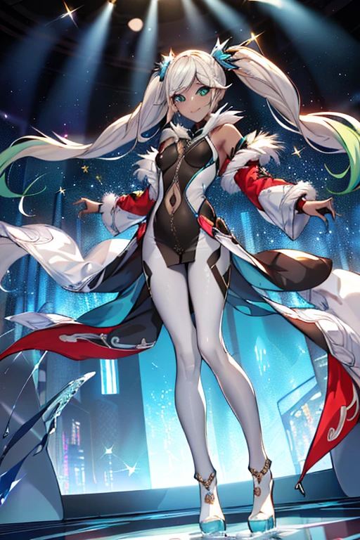 Iooiklas,Platinum Blonde Hair,Twin tails, hair ornaments, White Dress, Black knee socks, 
Removable sleeves,Complex eyes,Beautiful fine details,Symmetrical eyes,Big eyes:1.5,
(((dark skin,dark_skin,lustrous skin:1.5,bright skin: 1.5,
skin tanned,shiny skin,very shiny skin,Shiny body,plastic glitter 
skin,exaggerated shiny skin,illuminated skin))),
(,Detailed body,(Detailed face)), cute,Lewd,erotic,Bold,Camel toe revealing outfit,show skin,(((Sexy aqua fur coat, Aqua fur coat outfit,
 wearing a Ice Dress:1.3,aqua 冬 coat))), ((Ice Dress,elegant Ice Dress)),
(White gloves,White clothes,(((Complex outfit,Complicated clothes,Embroidered costume,Glamorous costumes,Embroidered clothes,
Glamorous clothing))),skinsuit, Bodysuits, pantyhose,Seductive eyes,embarrassed grin,
High resolution,Sharp focus,(Super detailed,Very detailed),(Very detailed CG unity 8k wallpaper),
(((Vibrant colors))),View from below,Dancing happily,dynamic pose, crowd, blurry background,medieval tavern,