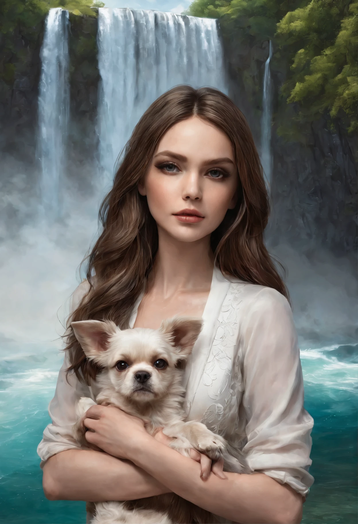 there is a woman holding a dog in front of a waterfall, a detailed painting by Magali Villeneuve, trending on cg society, fantasy art, beautiful fantasy art, very beautiful fantasy art, beautiful fantasy art portrait, beautiful fantasy painting, realistic fantasy painting, Magali Villeneuve and monet, breathtaking fantasy art, graphic artist magali villeneuve, fantasy beautiful