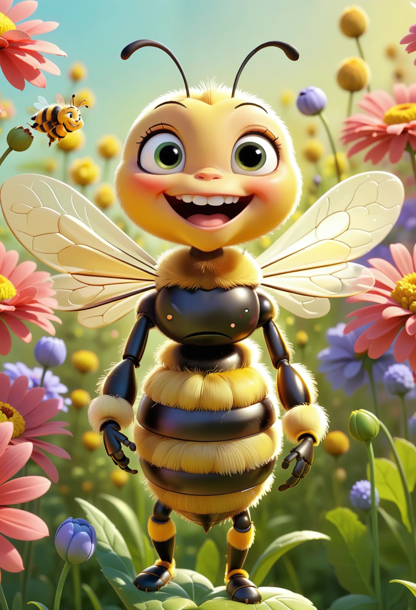 Pixar style(((bee))), as a cartoon character,  Very cute, holding a big flower,  Standing among the flowers,  spring , Smile, High Detail, Reality, 8k , Smooth, simple