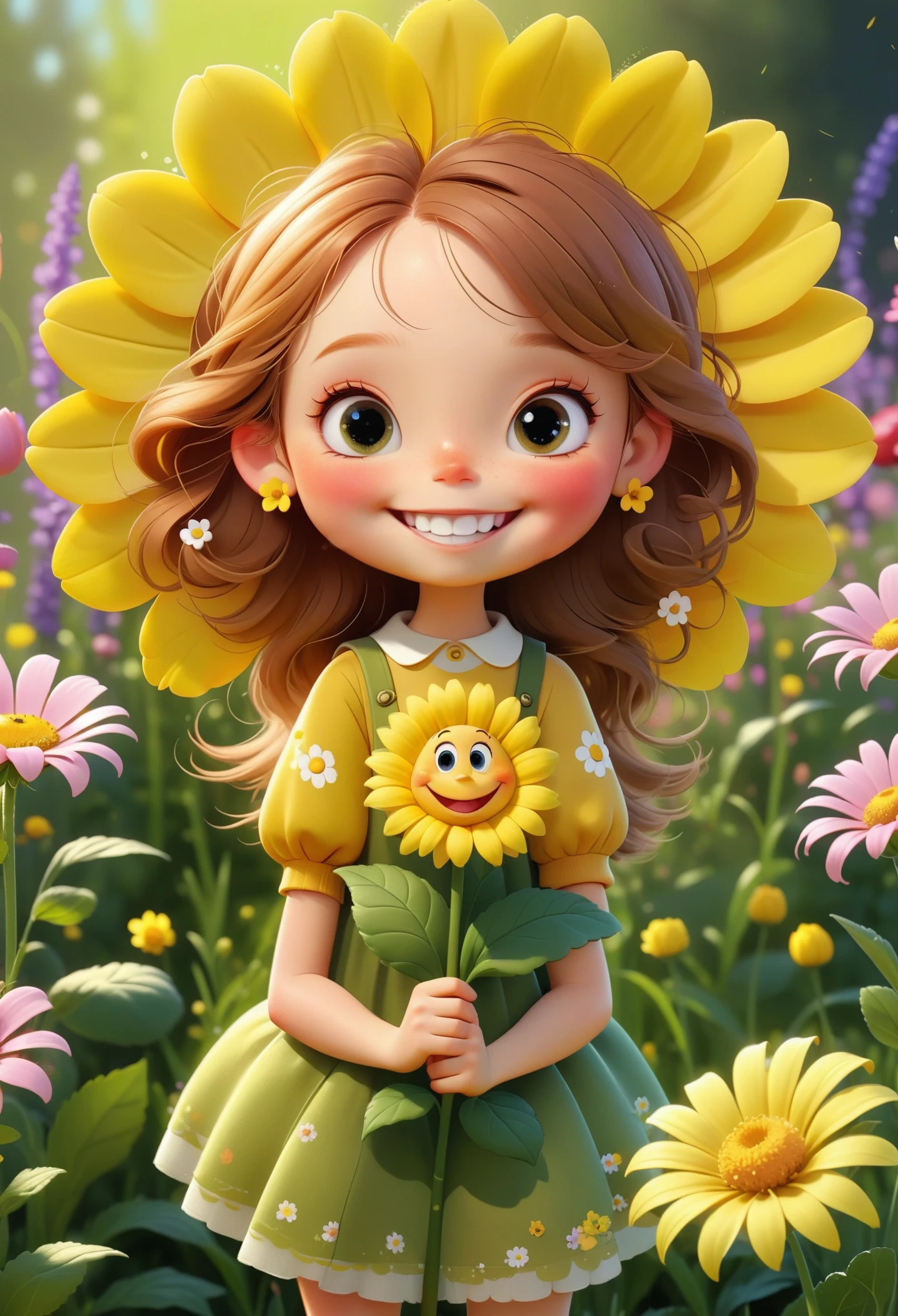 (((bee))), as a cartoon character,  Very cute, holding a big flower,  Standing among the flowers,  spring , Smile, High Detail, Reality, 8k , Smooth, simple