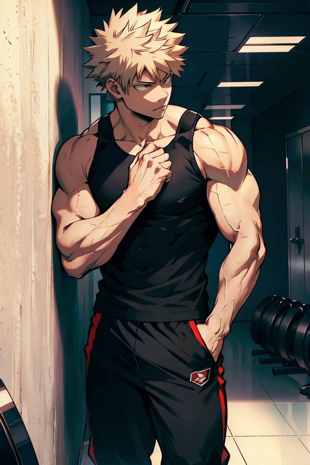 Katsuki Bakugo from Boku No Hero Academia, wearing black gym pants and black tank top, bodybuilder, defined body, abs