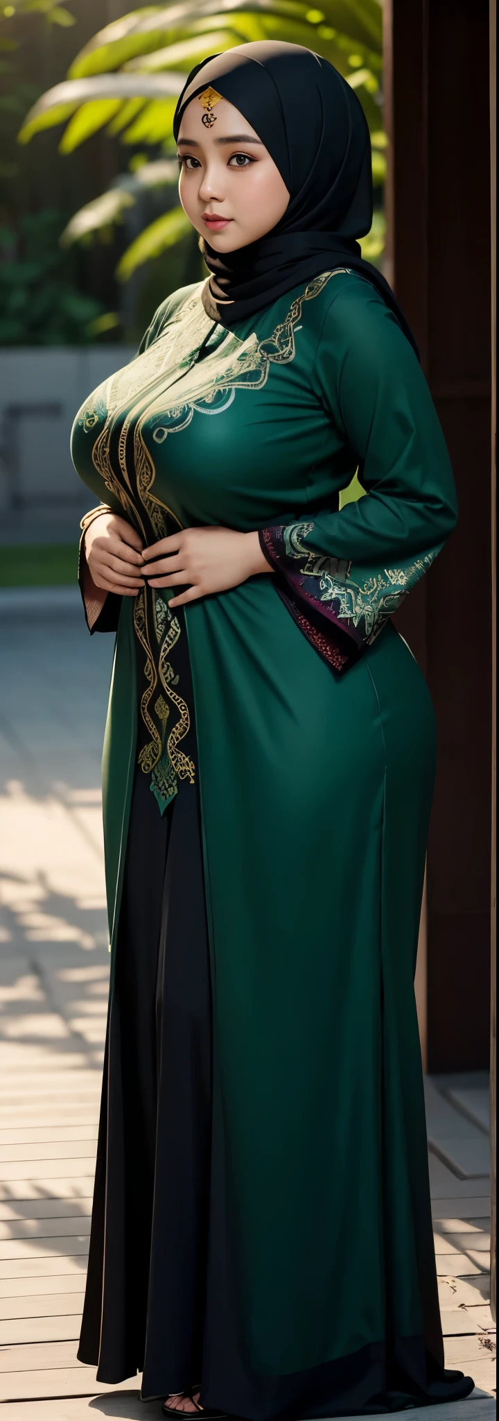 1 malay girl, modern plain hijab, shy, medium portrait, watery eyes, wearing dark green kebaya, ((big breasts)), black bokeh background, well-proportioned body,, chubby massive thighs, full body pose, Hena art on the body, hena art on , slightly fat body
