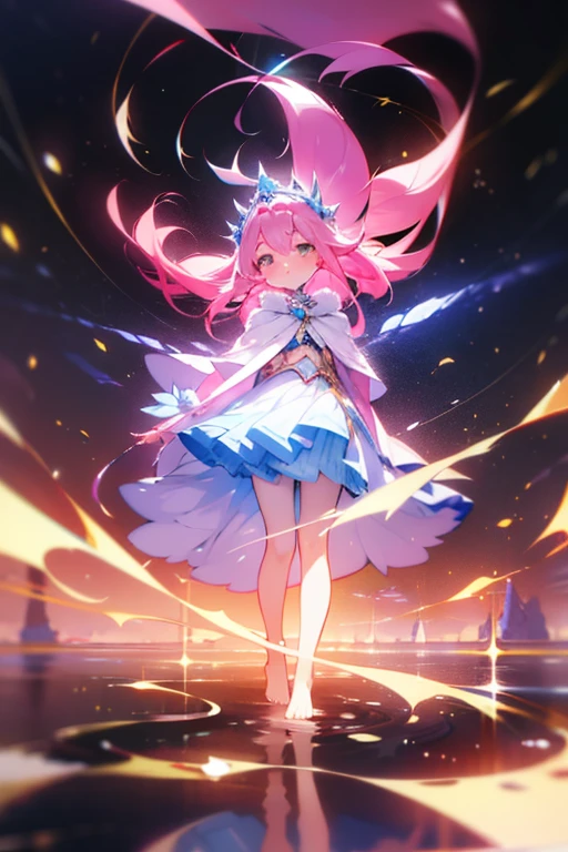 (best quality1.4)++, (masterpiece1.4)++, (detailed1.4)+, 1girl, cute face, fox girl, ice queen, (long pink hair)+, elegant, royal, cute, barefoot, detailed pink jacket, cute multilayered skirt, gold jewelry, full body shot, natural lighting, soft lighting, dramatic lighting, highly detailed, unreal engine, bokeh, 8k uhd, raytracing, lumen reflections, volumetric fog, Digital art, character design, concept art, divine, celestial, featured on pixiv, epic composition
