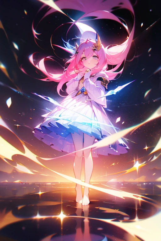(best quality1.4)++, (masterpiece1.4)++, (detailed1.4)+, 1girl, cute face, fox girl, ice queen, (long pink hair)+, elegant, royal, cute, barefoot, detailed pink jacket, cute multilayered skirt, gold jewelry, full body shot, natural lighting, soft lighting, dramatic lighting, highly detailed, unreal engine, bokeh, 8k uhd, raytracing, lumen reflections, volumetric fog, Digital art, character design, concept art, divine, celestial, featured on pixiv, epic composition