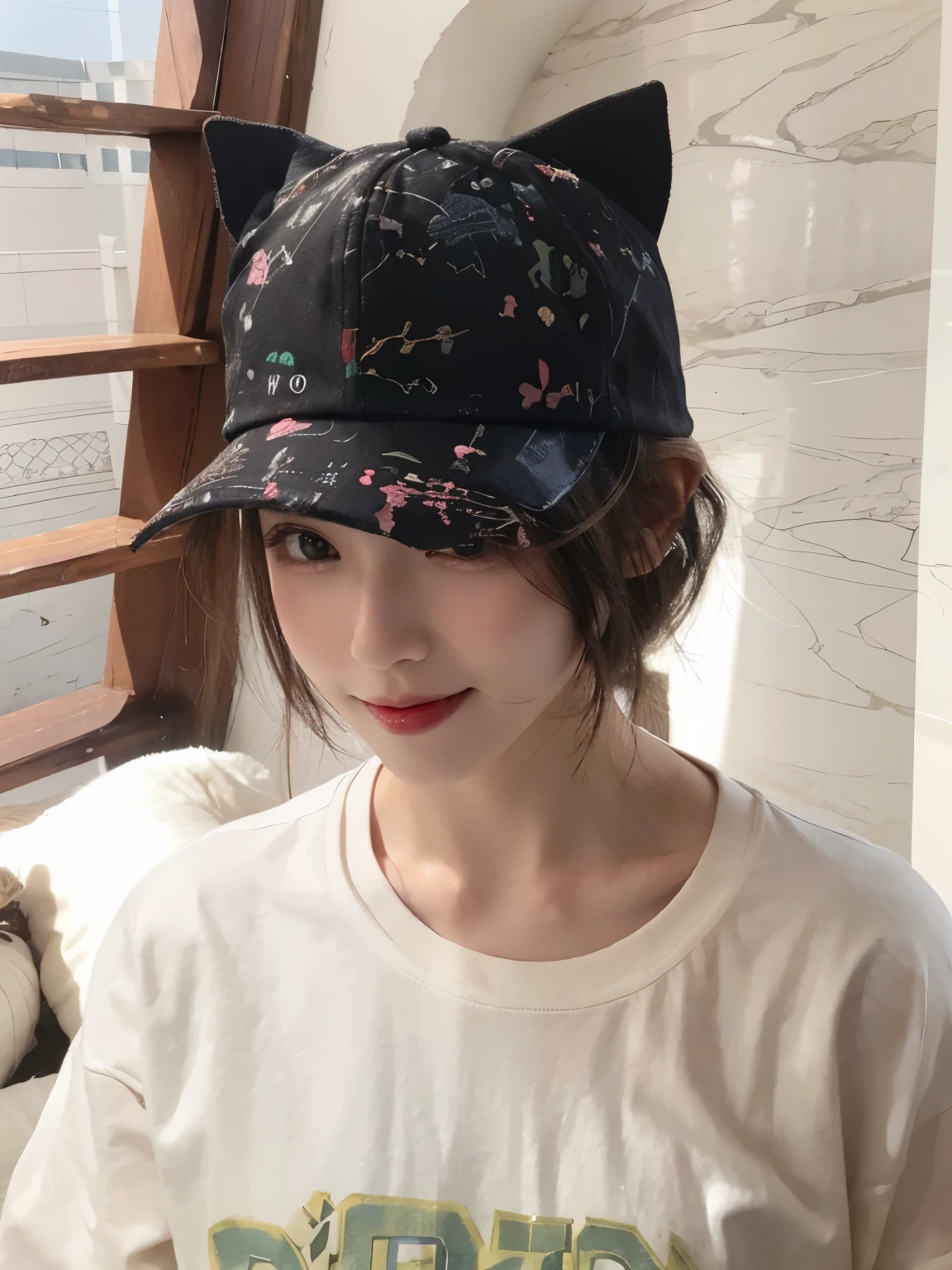 Best image quality、original photo、ultra high resolution、21 years old Korean、small breasts、dynamic angle、Cowboy shooting、The most beautiful form of chaos、elegant、Innovative design、bright colors、,light brown short hair、disheveled hair、light brown eyes 、black baseball cap(Facial expressionSmile)、short bob、Smile、Fair and shiny skin、beautiful eyes,random colors、The details are very beautiful、thin lips、Delicate and beautiful eyes、elongated eyes、Pale pink cheeks、long eyelashes、beautiful double eyelids、eye shadow、he、White Large T-shirt Sweatshirt、baggy pants、Shot from the side、sexy pose、enlarge