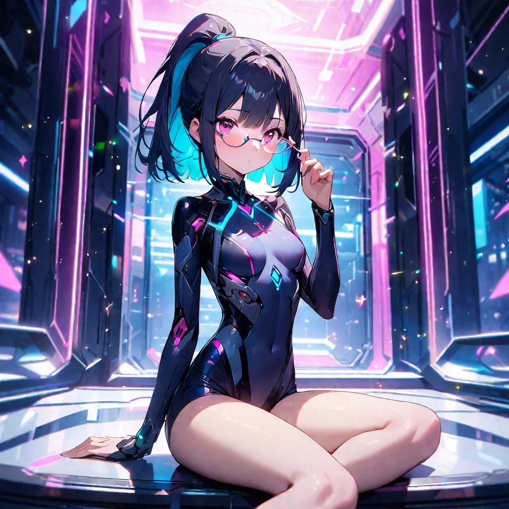 (best quality:1.2, top quality, highest resolution:1.2, masterpiece:1.3, high quality, high res, 4k), (visual effects), depth of field, [sparkle sparkle], bokeh, soft colors, [full body shot], [detailed] ((one girl, skinny body,  size, short hair, high ponytail hairstyle, dark blue outer hair, (cyan inner hair), pink eyes, wears contact glasses)). (cyborg girl getting in a futuristic room, sitting) 