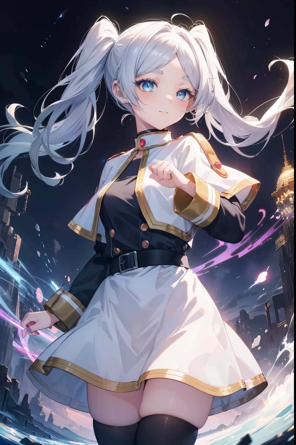 Frielen、Silver Hair、Twin tails、blush,smile,Captivating thighs、Combat Uniform、Grab your magic wand and make a spell、Shoots a magic beam、There are lots of magic circles
（masterpiece:1.2), highest quality, High resolution, unity 8k wallpaper, (shape:0.8), (Beautiful and beautiful eyes:1.6), Highly detailed face, Perfect lighting, Highly detailed CG, (Perfect hands, Perfect Anatomy),