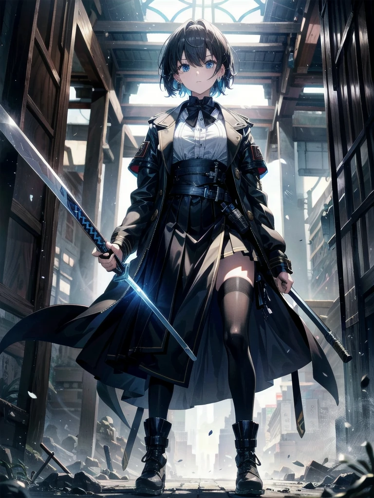 whole body, long blue great sword, Ruins, tech boots, black jacket, samurai, school_uniform, absurdres, RAW photo, extremely delicate and beautiful, masterpiece, Best Quality, ultra high resolution, 32k, hyperrealistic, ultra-detailed, detailed description, pale skin, 20 years old, detailed beautiful face and eyes, tearful mole, earring, Colossal tits, short medium hair, wavy hair,