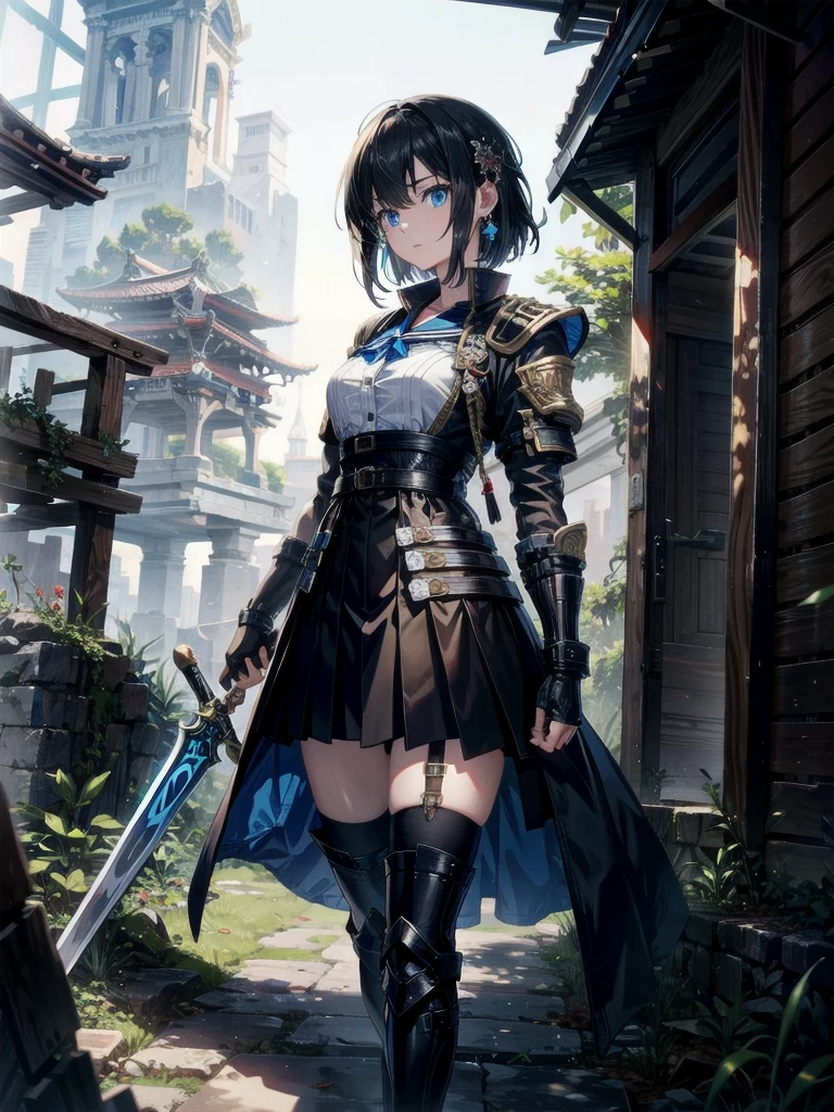 whole body, long blue great sword, Ruins, tech boots, black jacket, samurai, school_uniform, absurdres, RAW photo, extremely delicate and beautiful, masterpiece, Best Quality, ultra high resolution, 32k, hyperrealistic, ultra-detailed, detailed description, pale skin, 20 years old, detailed beautiful face and eyes, tearful mole, earring, Colossal tits, short medium hair, wavy hair,