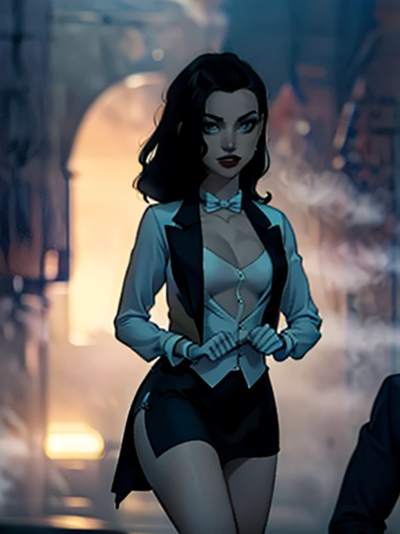Zatanna, realistic, realism, photorealism, photo-realistic, high contrast, (photorealistic:1.4), 8k high definition detailed realistic, (best quality, masterpiece:1.2), photon mapping, radiosity, physically-based rendering, best quality, highly detailed, 1girl, anaa, full body, Jewelry, suit and bowtie, (((tuxedo))), silk dress shirt, shirt and bowtie,big chest (((bowtie))), ((blazer)), ((suit jacket)), ((waistcoat)), ((bodycon miniskirt)), (((pencil skirt))), pantyhose, tights, stockings, pocket square, tailored suit, (((cufflinks))), smile, full body, high heels, white gloves, hot body , gorgeous breast