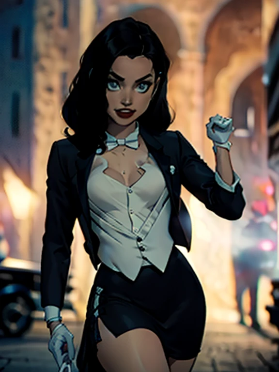 Zatanna, realistic, realism, photorealism, photo-realistic, high contrast, (photorealistic:1.4), 8k high definition detailed realistic, (best quality, masterpiece:1.2),  photon mapping, radiosity, physically-based rendering, best quality, highly detailed, 1girl, anaa, full body, Jewelry, suit and bowtie, (((tuxedo))), silk dress shirt, shirt and bowtie,big chest (((bowtie))), ((blazer)), ((suit jacket)), ((waistcoat)), ((bodycon miniskirt)), (((pencil skirt))), pantyhose, tights, stockings, pocket square, tailored suit, (((cufflinks))), smile, full body, high heels, white gloves, hot body , gorgeous breast