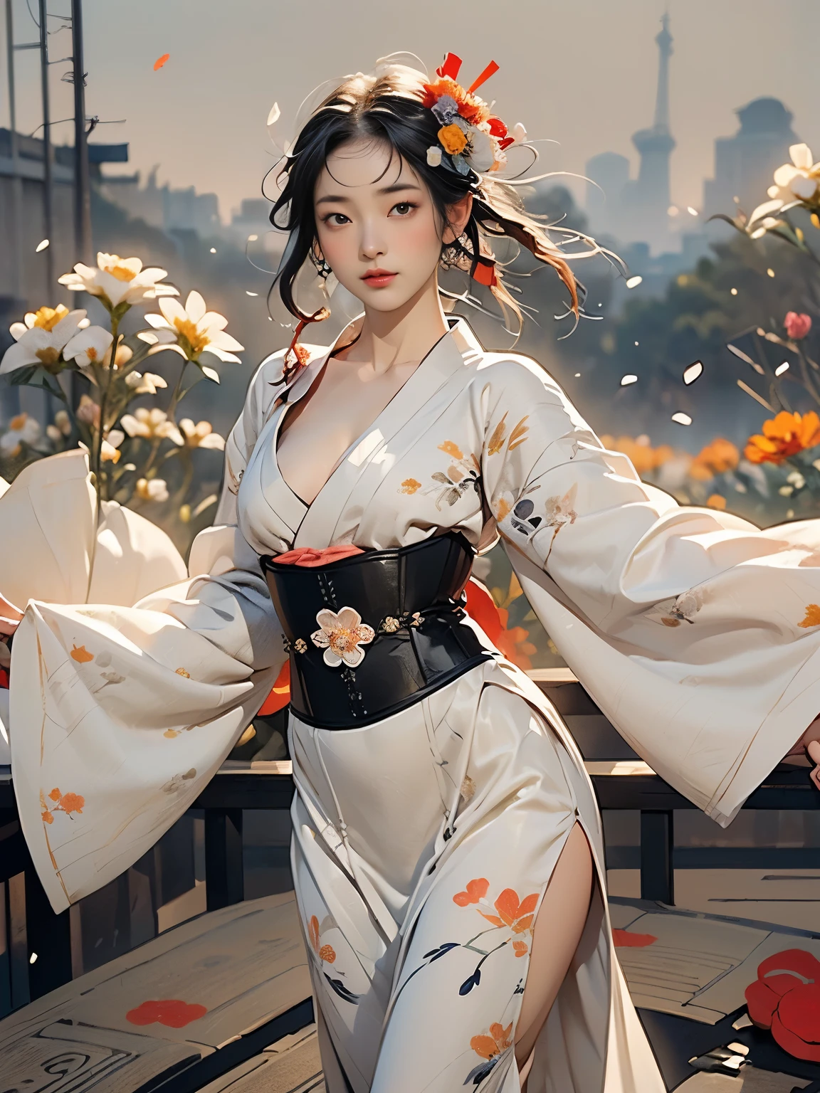 (8k, highest quality, masterpiece),{Realistic, RAW Photos, Super Fine Clear, Portraiture, (Influenced by ukiyo-e Painting style:1.6)}, Realistic Light, Detailed skin, (Beautiful woman with slim figure, Age 25, dancer:1.5), Thin legs, fine grain, Long white hair, Detailed fingers, thin, Sexual, Expressions of Ecstasy, Dynamic and sexy pose, (big Bouncy Firm Bust:1.4), (sexy long Dress, underbust corset:1.2),(The dress has a wide opening at the chest;1.6), Exposing the breasts, (arcadia, Flower Storm, many flowers:1.8), Wide and beautiful view, (cabaret, paris in 18th century:1.5),