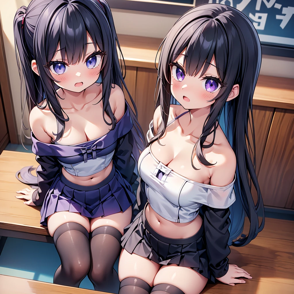 (cute eyes:1.2), (sparkling eyes:1.2), (8K、Best image quality、highest quality、masterpiece)、Detailed face、(2 girls)、Improve、(Black Hair, Purple Eyes, long hair)、(open mouth), (embarrassed), (skinny body:1.3),(small breasts), (off shoulder japanese ninja:1.2), (cleavage), (crop top navel), Sit on a chair, Classroom Background, (black stockings:1.1), (Thighs:1.1), (Waistline:1.1),(close-up shot of bust), (from above:1.2)