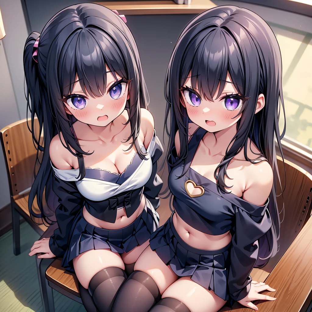 (cute eyes:1.2), (sparkling eyes:1.2), (8K、Best image quality、highest quality、masterpiece)、Detailed face、(2 girls)、Improve、(Black Hair, Purple Eyes, long hair)、(open mouth), (embarrassed), (skinny body:1.3),(small breasts), (off shoulder japanese ninja:1.2), (cleavage), (crop top navel), Sit on a chair, Classroom Background, (black stockings:1.1), (Thighs:1.1), (Waistline:1.1),(close-up shot of bust), (from above:1.2)