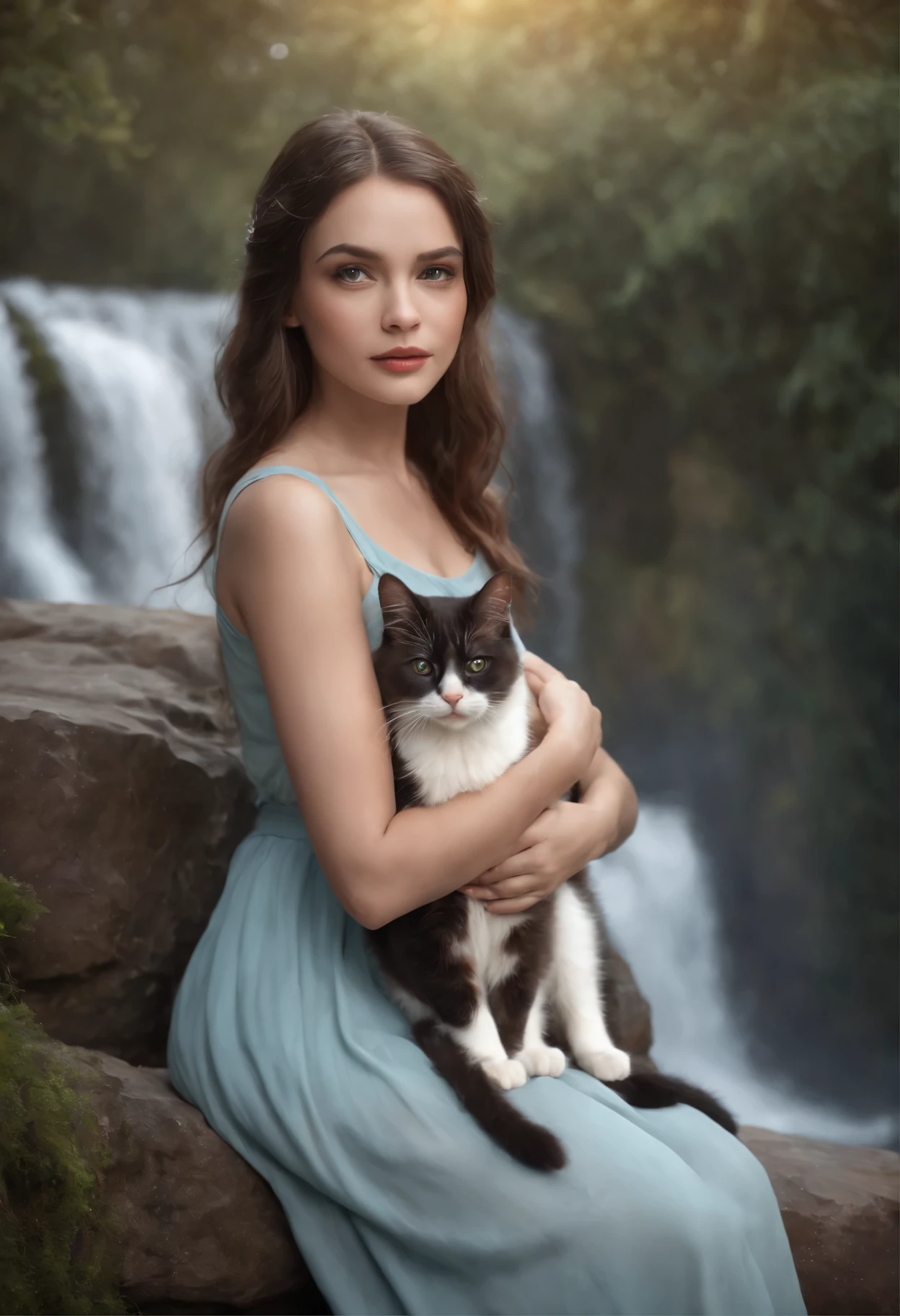 There is a girl holding a cat in front of a waterfall, beautiful Fantasy art, very beautiful Fantasy art, beautiful Fantasy art portrait, Beautiful fantasy paintings, Realistic fantasy painting, Monet, breathtaking Fantasy art, Fantasy art, Graphic artist Magali Villeneuve, Fantasy Beautiful, beautiful fantasy portrait, Fantasy art portrait,