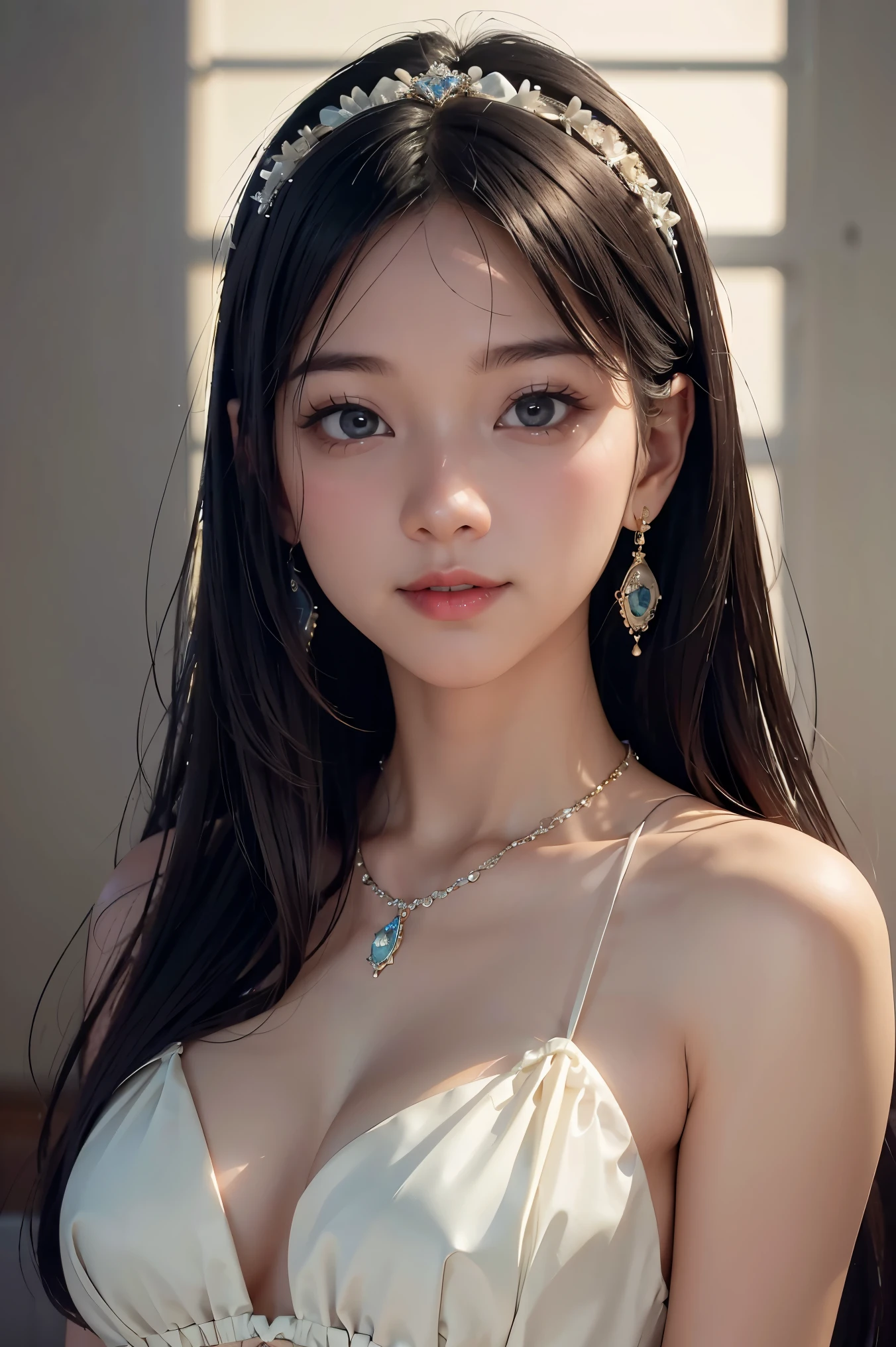 Best quality, masterpiece, high resolution, 1girl, clear silk porcelain dress, beautiful face, hair accessories, looking at the audience, smiling, close your mouth, lips, dress, hair accessories, necklaces, jewelry, long hair, earrings, beautiful face, on the body, Tindal effect, realism, dark studio, edge lighting, two-tone lighting, (high detail skin: 1.2), 8k UHD, DSLR, soft light, high quality, volumetric lighting, photo, high resolution 4K, 8k, blurred background