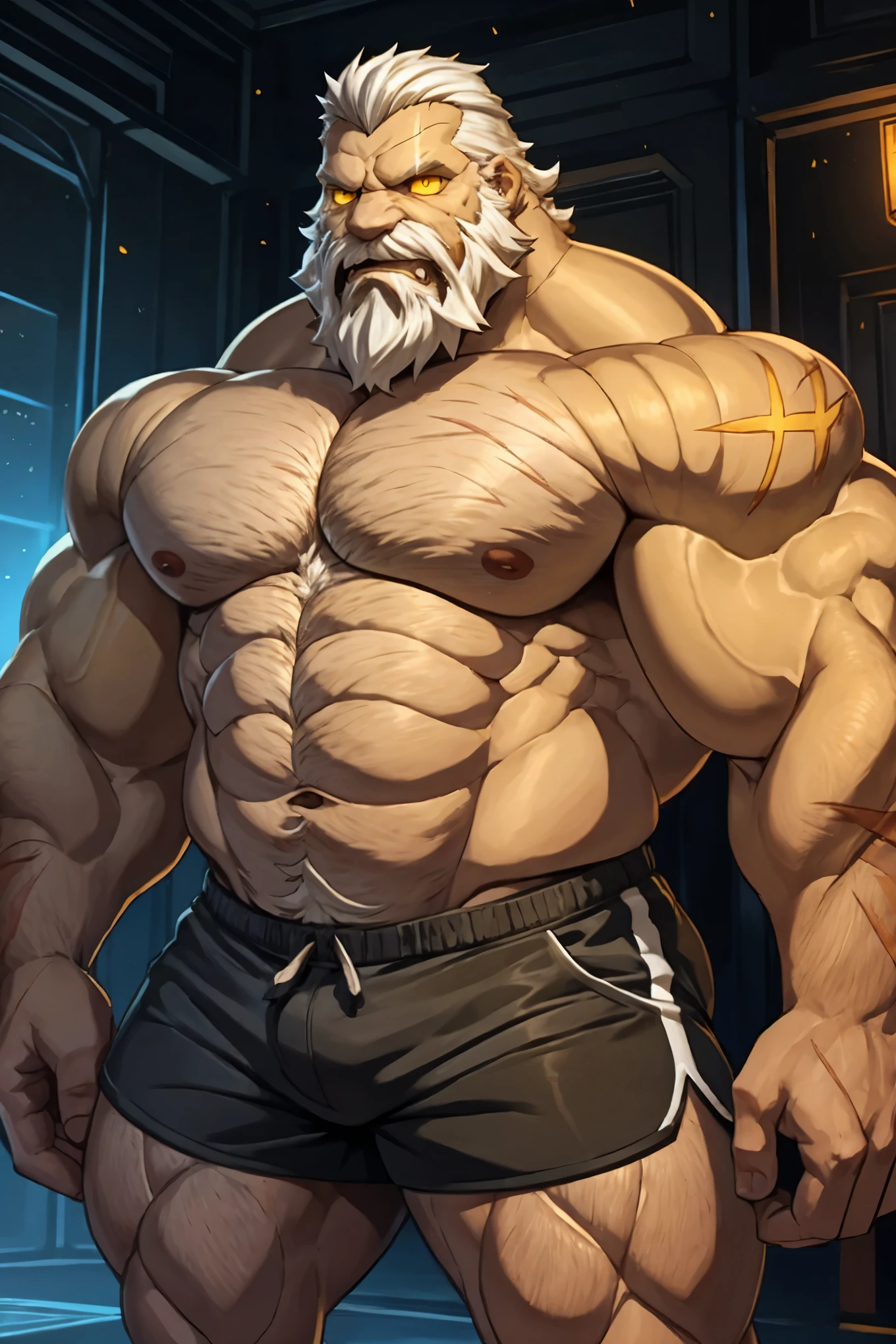 huge muscular old man, white hair, shorts, bearded,  gray beard, bald, angry, yellow eyes, glow eyes, scar on face