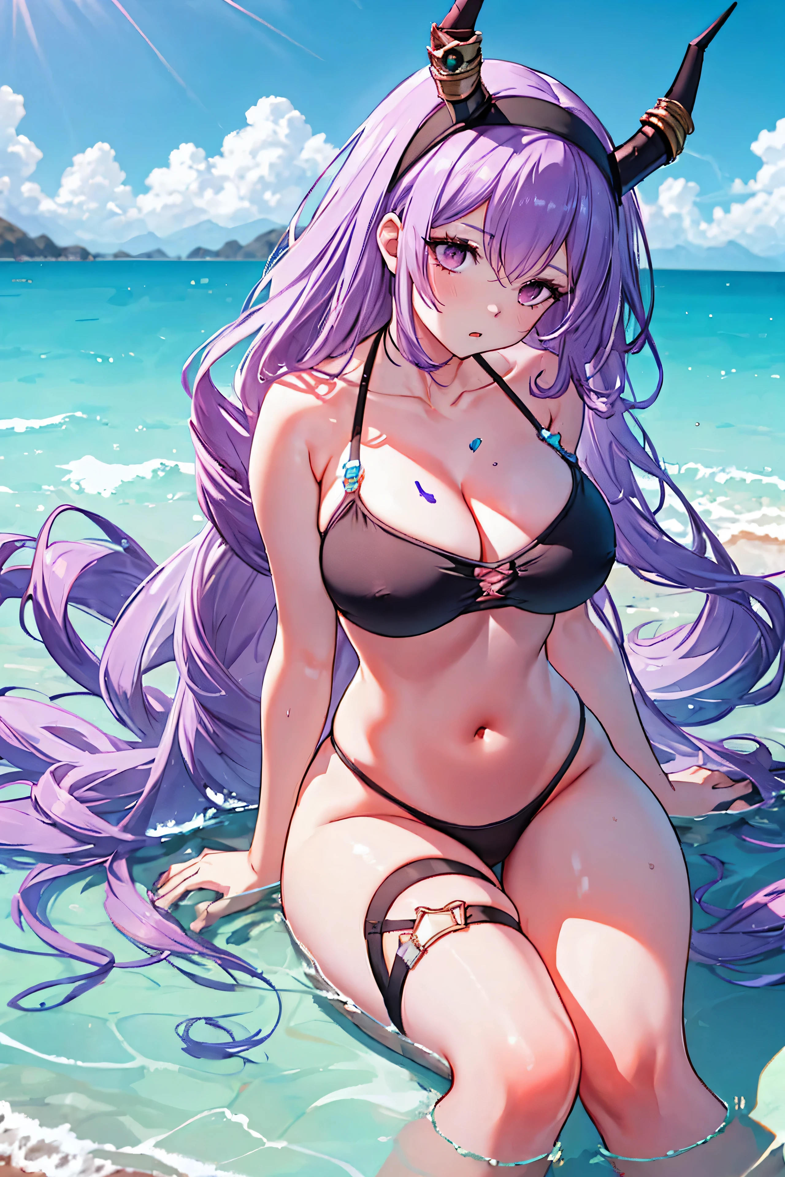 Typhon| Arc Knight, micro bikini, Masterpiece, best quality, 1 woman,25 years old , big, , My hair is very long., headband, purple hair, conjunctivitis, proportion body, proportion, show your , Water set, This micro bikini,micro mini bikini, Lying on the beach with exciting challenges, Not clear. ,only, beautiful sea, The sky is beautiful, Looking at the audience from the front, thigh strap, tilt your head, bored, 10, 10, high resolution, expressionless,