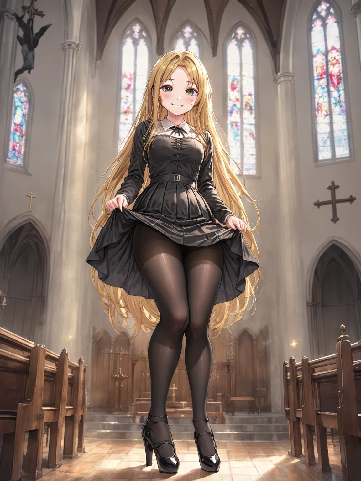 1girl, solo, golden long hair, pleated skirt, skirt lift, lifted by self, smile, gothic dress, church, black pantyhose, full body, high heels,