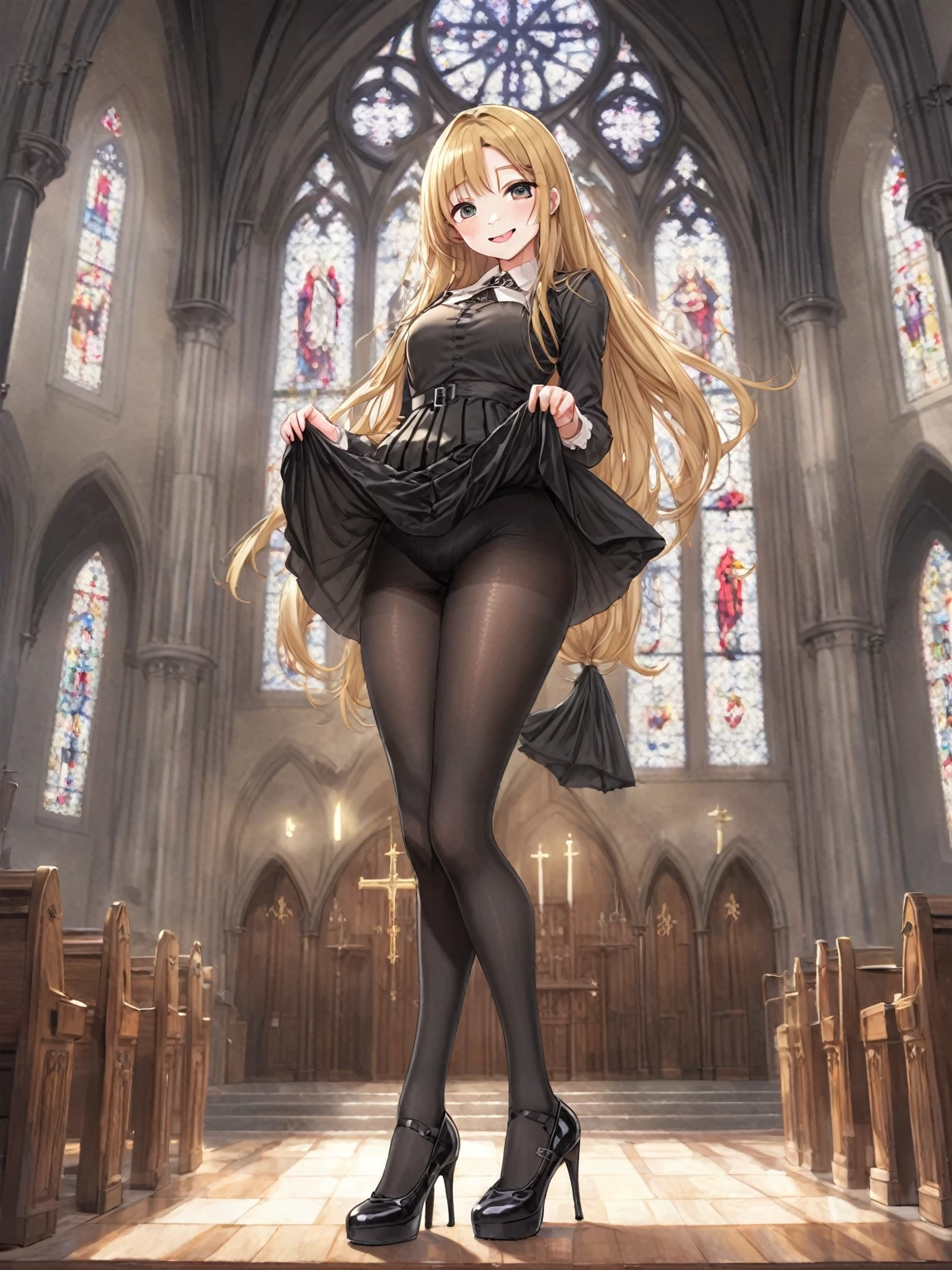 1girl, solo, golden long hair, pleated skirt, skirt lift, lifted by self, smile, gothic dress, church, black pantyhose, full body, high heels,