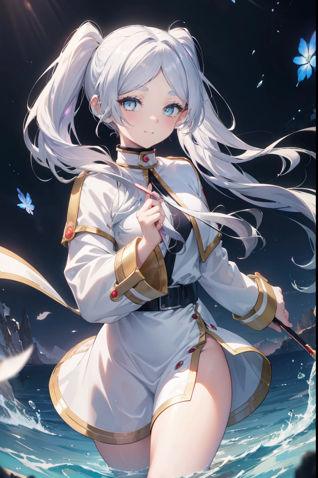Frielen、Silver Hair、Twin tails、blush,smile,Captivating thighs、Combat Uniform、Grab your magic wand and make a spell、Shoots a magic beam、There are lots of magic circles、Have a magic wand
（masterpiece:1.2), highest quality, High resolution, unity 8k wallpaper, (shape:0.8), (Beautiful and beautiful eyes:1.6), Highly detailed face, Perfect lighting, Highly detailed CG, (Perfect hands, Perfect Anatomy),