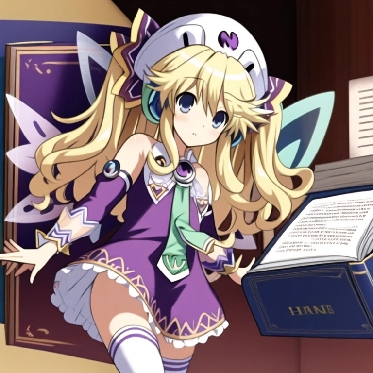 (extremely detailed:1.1),(highly detailed:1.1),(best quality:1.1),(masterpiece:1.1),  HistoireNeptunia, long hair, blue eyes, blonde hair, hair ornament, wings, fairy wings, bare shoulders, twintails,  book, white thighhighs, hat, necktie, purple dress, book