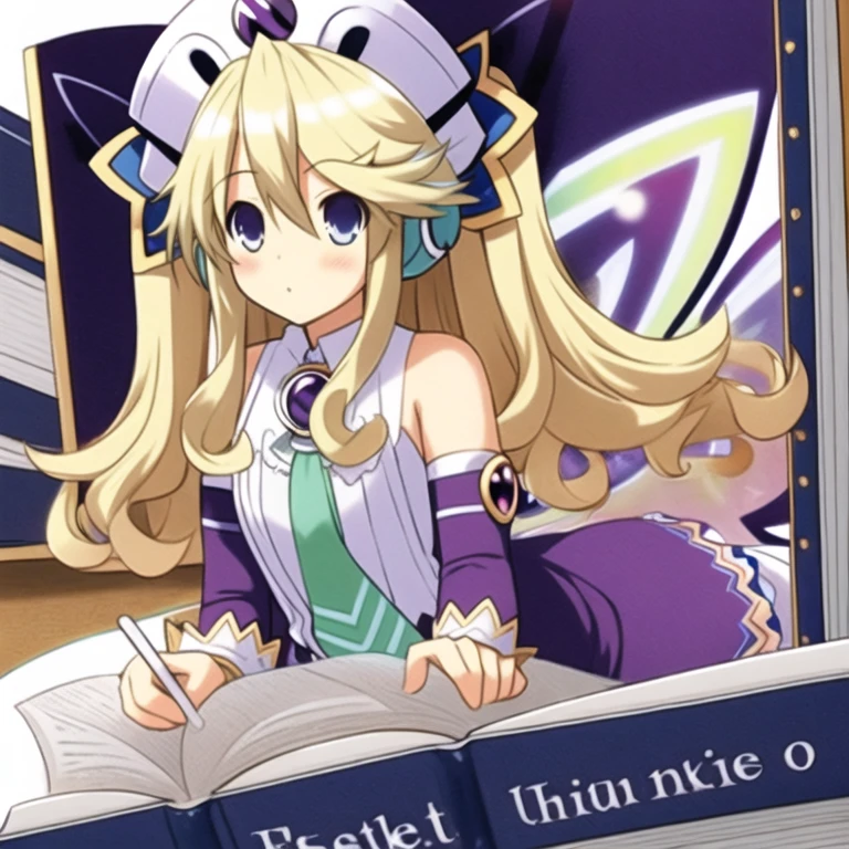 (extremely detailed:1.1),(highly detailed:1.1),(best quality:1.1),(masterpiece:1.1),  HistoireNeptunia, long hair, blue eyes, blonde hair, hair ornament, wings, fairy wings, bare shoulders, twintails,  book, white thighhighs, hat, necktie, purple dress, book