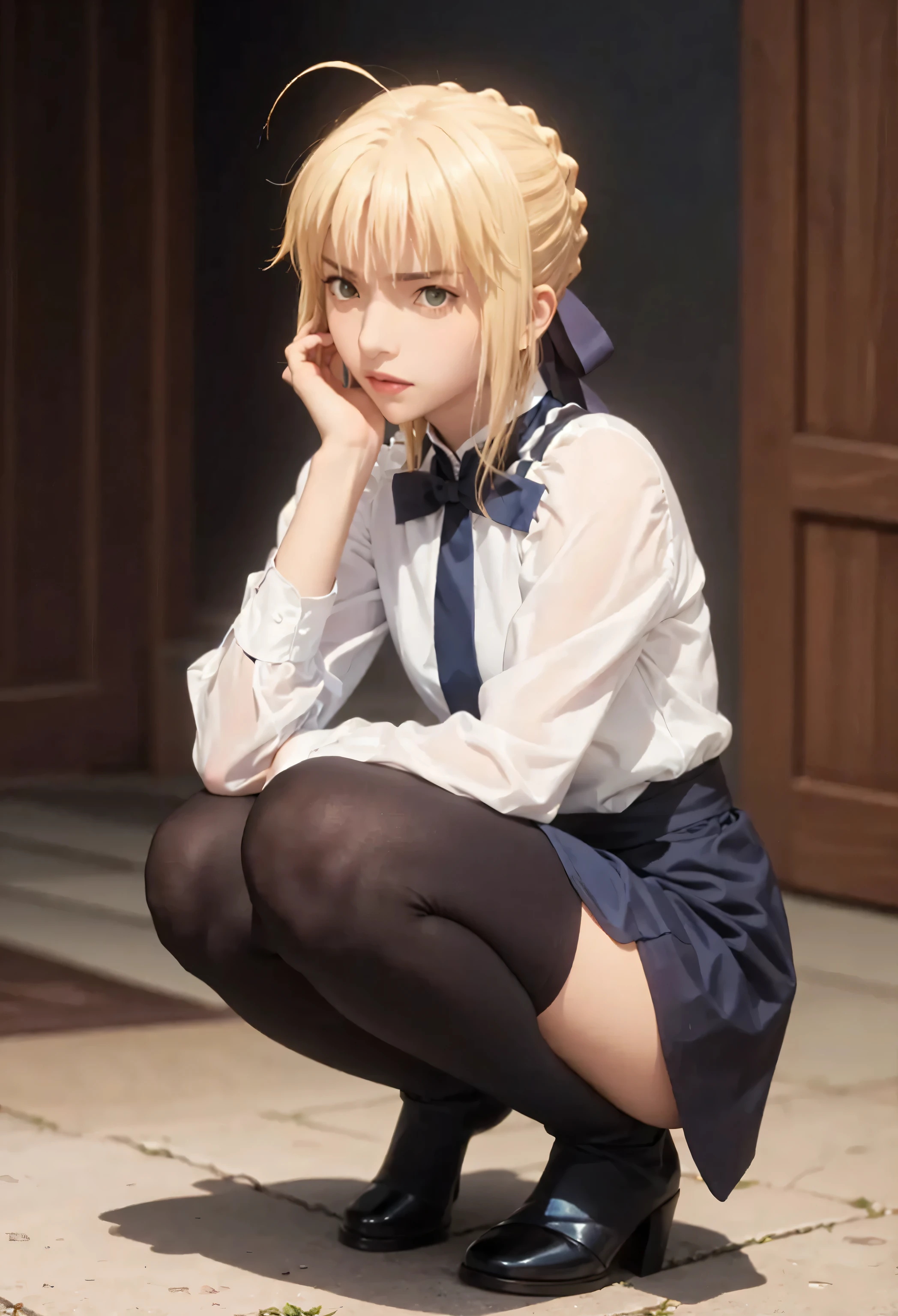 (safe:1.10), best quality, masterpiece, highres, solo, (saber_fatestaynightufotable:1.10), squatting, cowboy shot, looking at viewer, anime_style, 36