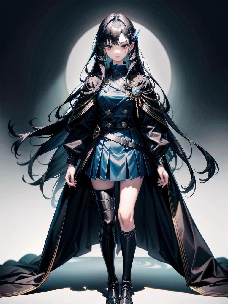 whole body, long blue great sword, Ruins, tech boots, black jacket, samurai, school_uniform, absurdres, extremely delicate and beautiful, masterpiece, Best Quality, ultra high resolution, 32k, ultra-detailed description, tearful mole, earring, short medium wavy hair,