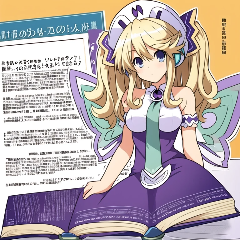 (extremely detailed:1.1),(highly detailed:1.1),(best quality:1.1),(masterpiece:1.1),  HistoireNeptunia, long hair, blue eyes, blonde hair, hair ornament, wings, fairy wings, bare shoulders, twintails,  book, white thighhighs, hat, necktie, purple dress, book, large breasts, nipples