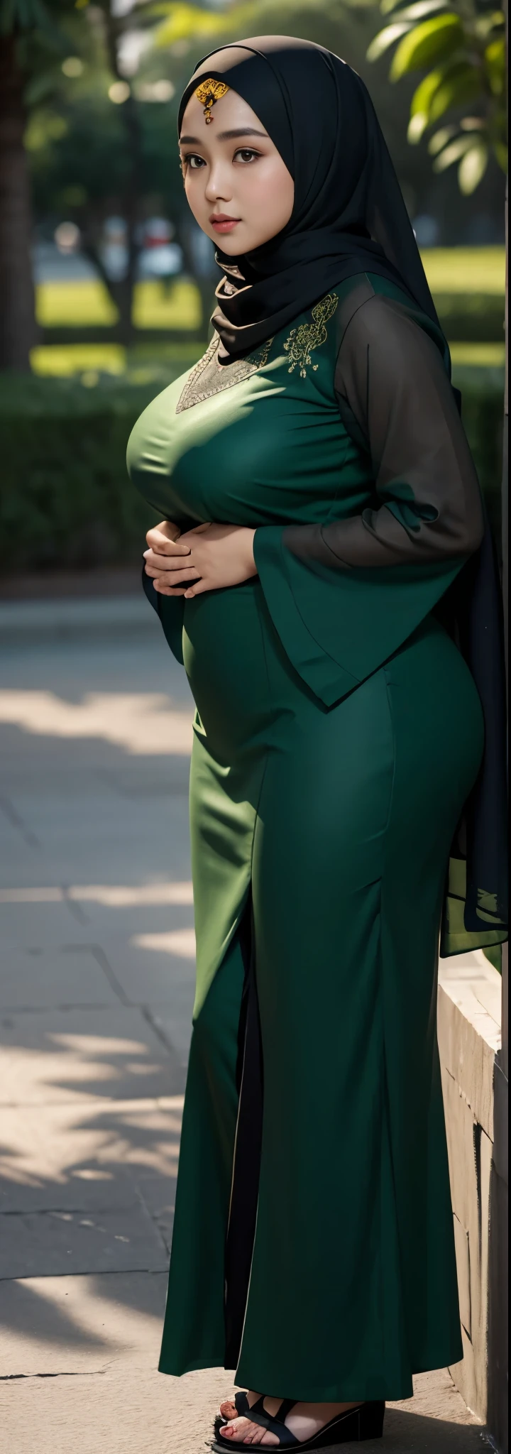 1 malay girl, modern plain hijab, shy, medium portrait, watery eyes, wearing dark green kebaya, ((big breasts)), black bokeh background, well-proportioned body,, chubby massive thighs, full body pose, Hena art on the body, hena art on full body, slightly fat body , voluptuous body , curvy body